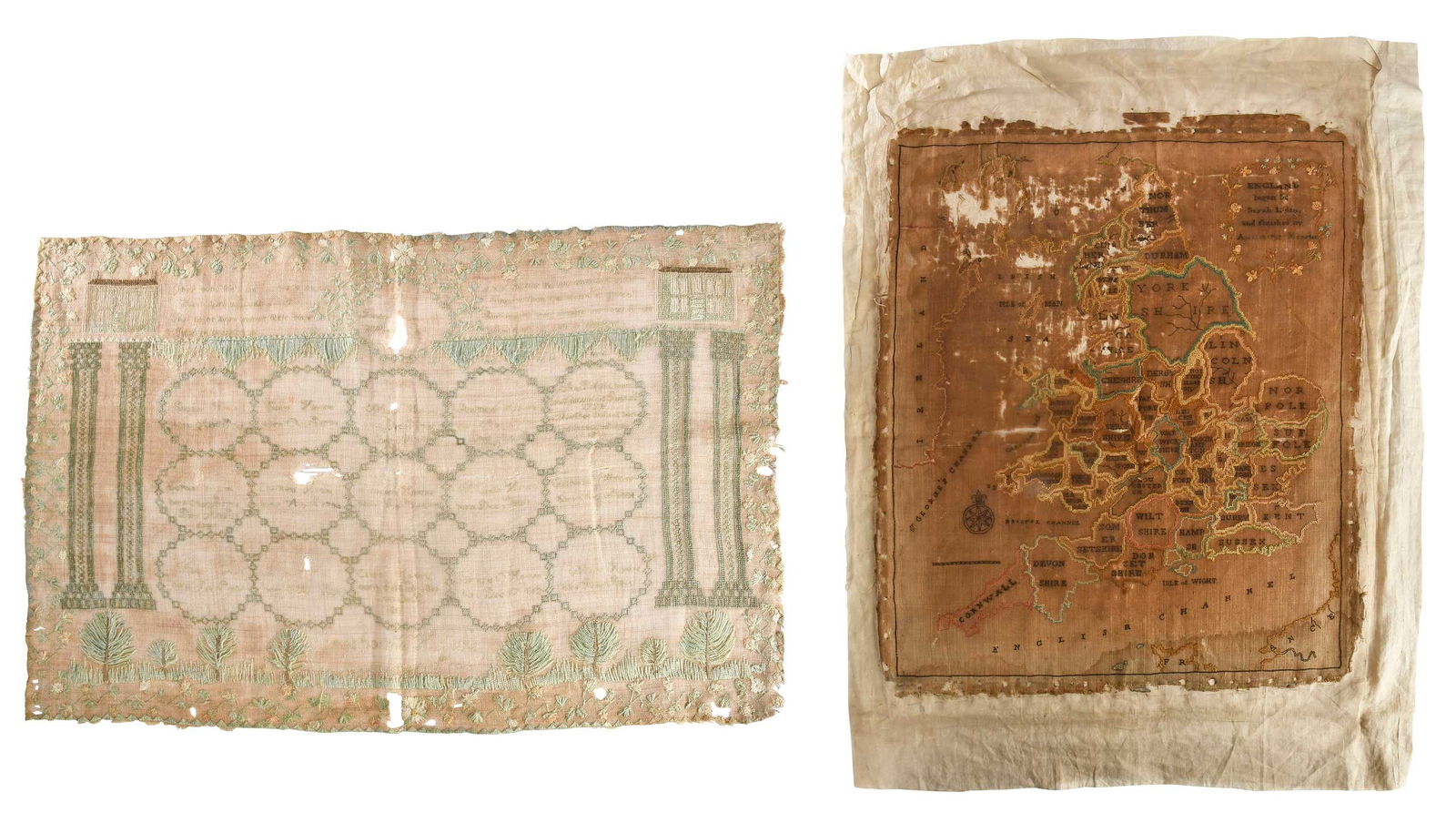 Two Needlework Samplers, Map of England and Wales and Genealogical Sampler: English, map sampler inscribed "England/began by Sarah Liddle and finished by April 30, 1782/Minster.", affixed to linen and mesh backing; American, 1821, needlework family tree by Catherine Howe;