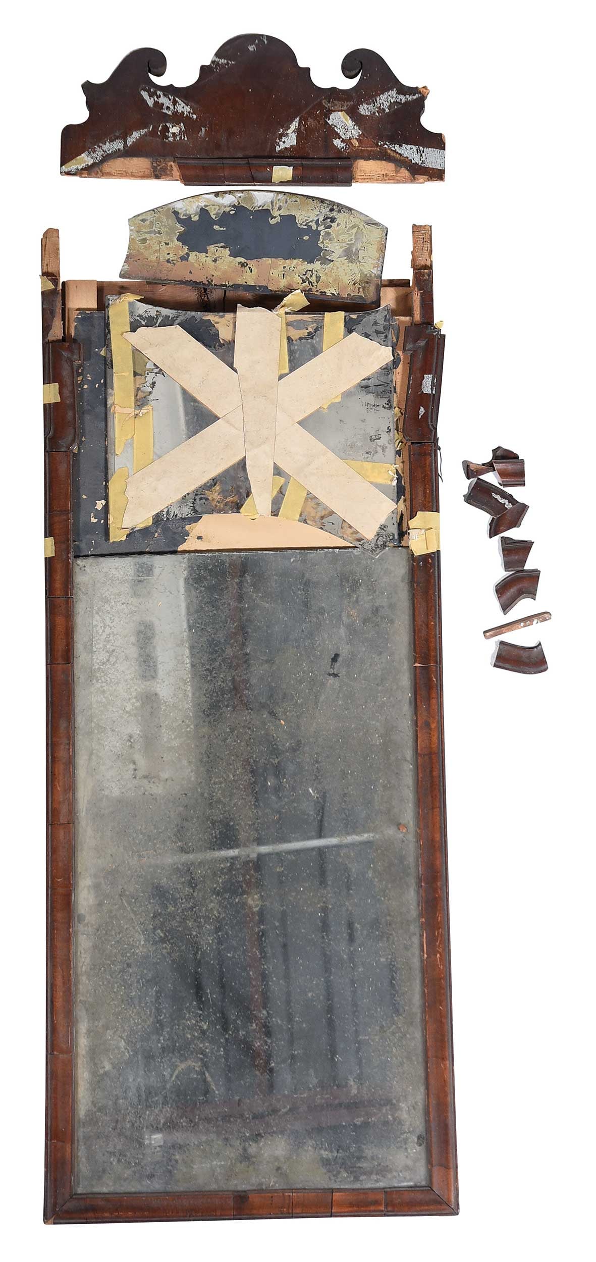 Chippendale Figured Mahogany Mirror, Newport History: 18th century, fine tall mirror now in pieces but retaining a probably original distressed lower plate (not removed), 49 x 17-1/2 x 1 in.Provenance: Purchased from Vernon & Co., Newport, RI., on July