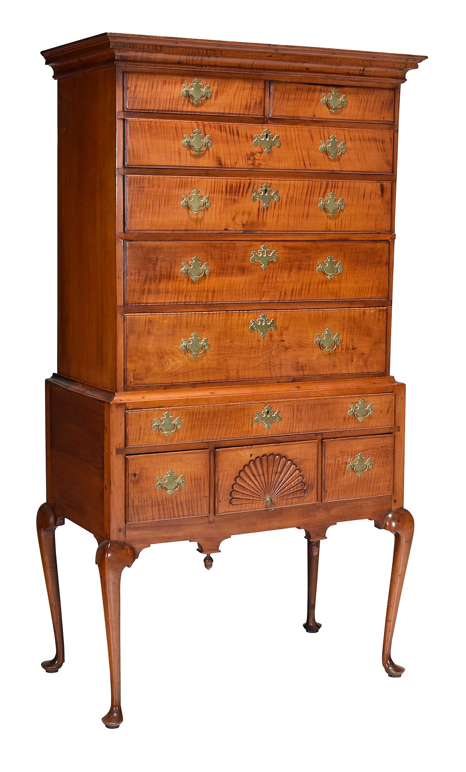 New England Tiger Maple Fan Carved High Chest (1 of 12)