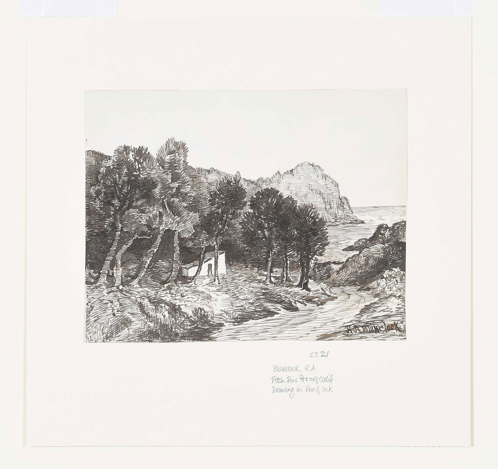 Ralph Albert Blakelock: (American, 1847-1919) Pitch Pine Grove, California, circa 1869-1871, signed lower right "R.A. Blakelock", also inscribed pencil verso, "Pitch Pine Grove Di....Indians", pen and ink on paper, 5-1/4 x 6