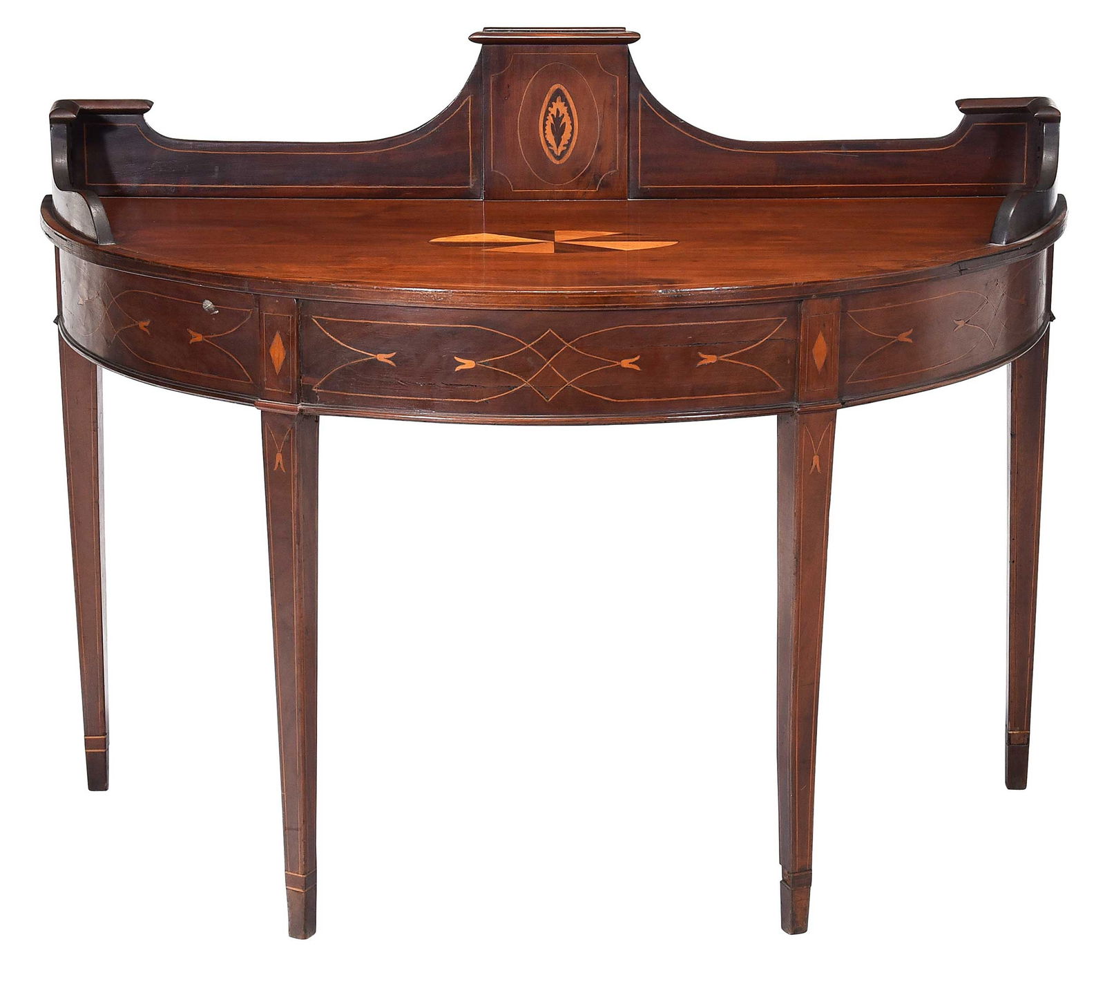Charleston Federal Inlaid Mahogany Demilune Console Table: late 18th/early 19th century, mixed secondary woods (white pine and yellow pine(?)), inlay throughout, backsplash, square taper legs, illegible chalk inscription to underside, 28-3/4 x 47 x 23-1/2