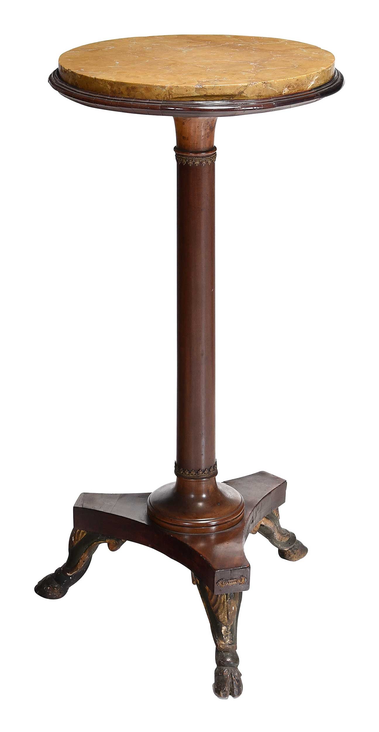 Rare American Classical Marble Top Pedestal Table, Probably New York: circa 1830s, marble top, three hoofed feet, 34 1/4 × 16 in. x 16 in.Provenance: Probably acquired prior to 1941 by Hope Norman Bacon Gardner (Mrs. Paul E. Gardner), Long Island, NY.; purchased