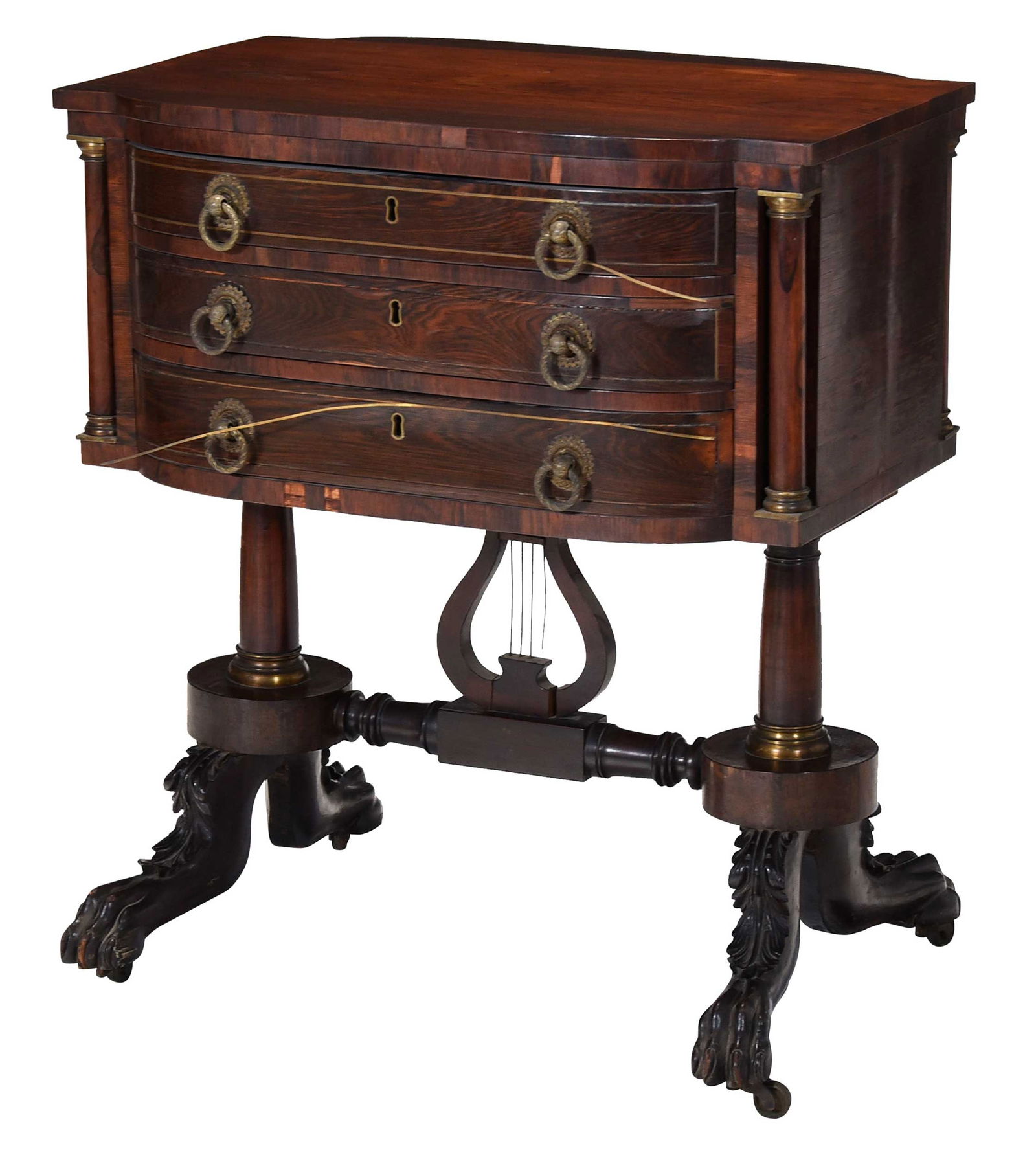 American Classical Mahogany, Rosewood, and Brass Inlaid Work Table: circa 1825, probably New York, poplar and ash secondary woods, lyre form support, three drawers, top drawer fitted, back fully finished, probably original brasses and gilt brass capitals, carved legs