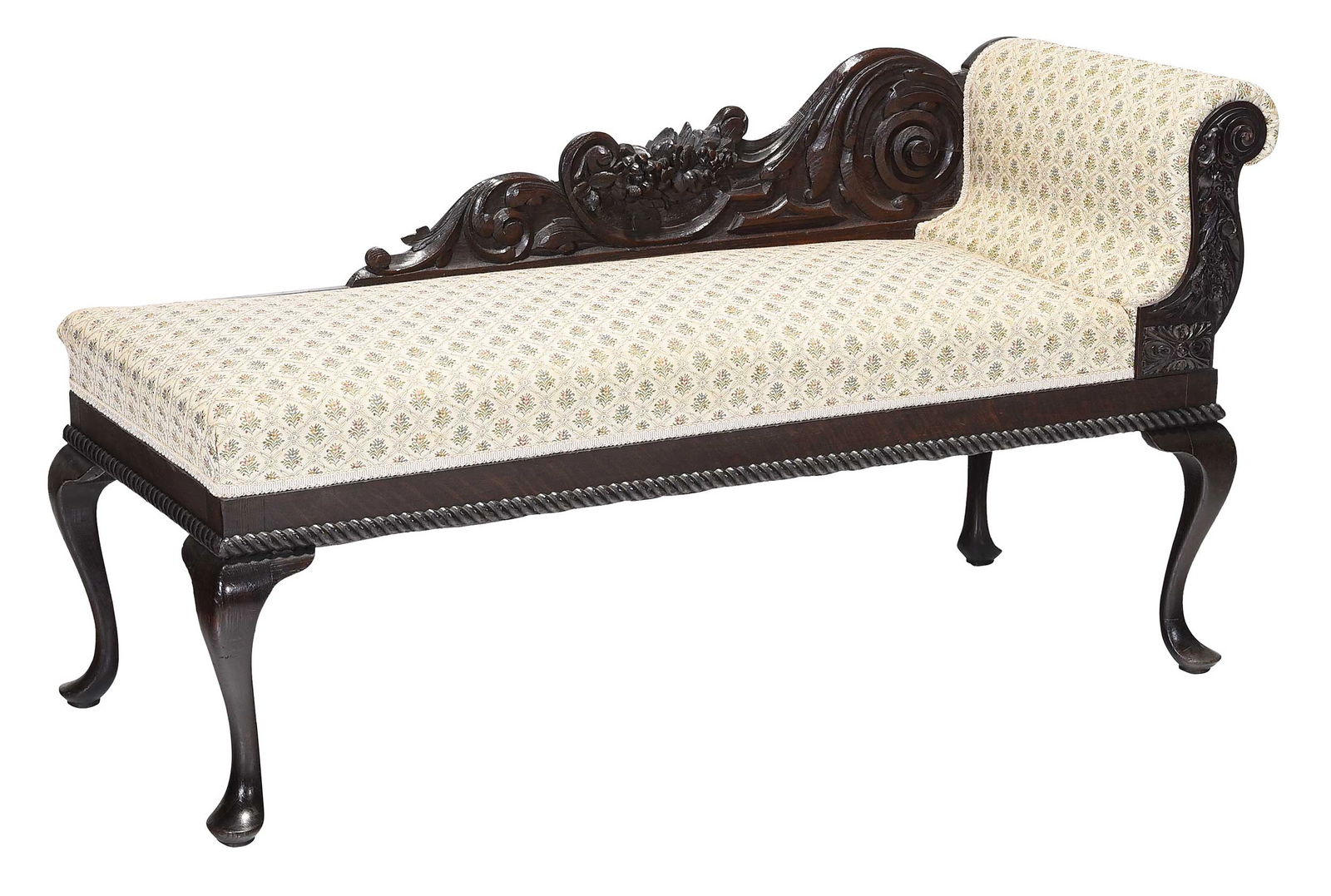 American Louis XV Revival Oak Upholstered Recamier: circa 1905, carved and ebonized frame, modern upholstery 27-3/4 × 51-5/8 × 20-7/8 in.Provenance: Gift of Julia Ann Mitchell Coggill (Mrs. George Coggill), New York, NY, 1990; Property
