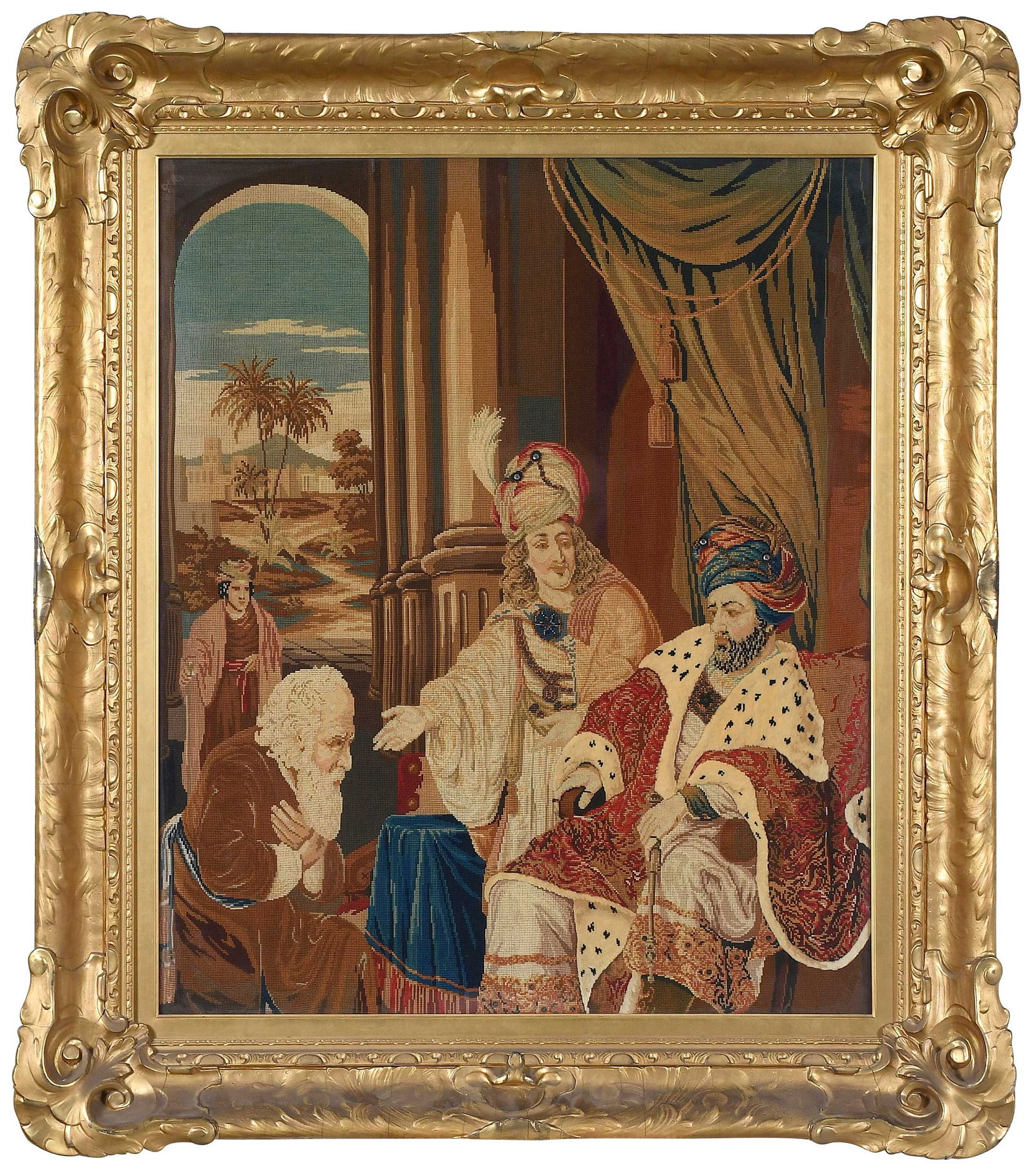 Framed American Canvaswork of Joseph Asking Pharaoh for Aesnath's Hand: mid 19th century, wool on linen or cotton, sight 35-1/8 x 29-1/4 in.; carved giltwood frame, approx. 46 x 40-1/4 x 3-1/2 in.Provenance: Gift of Mrs. Eugene Sutton; Property from the Brooklyn Museum