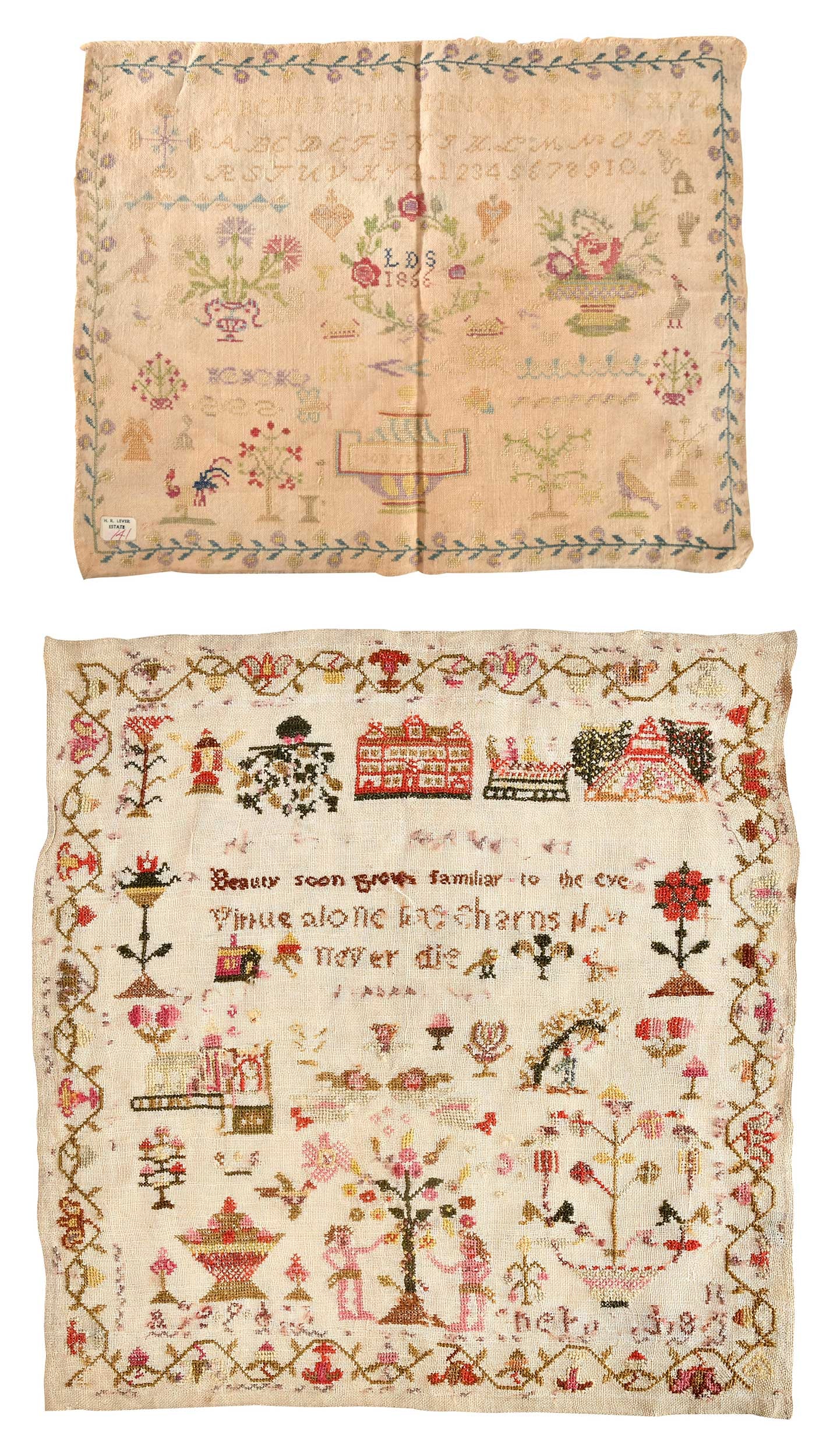 Two American 19th Century Pictorial Needlework Samplers: possibly Mormon, sampler initialed and dated "LDS/1866", possibly for Church of Jesus Christ of Latter Day Saints; sampler inscribed "Beauty soon grows familiar to the eye/Virtue alone has charms