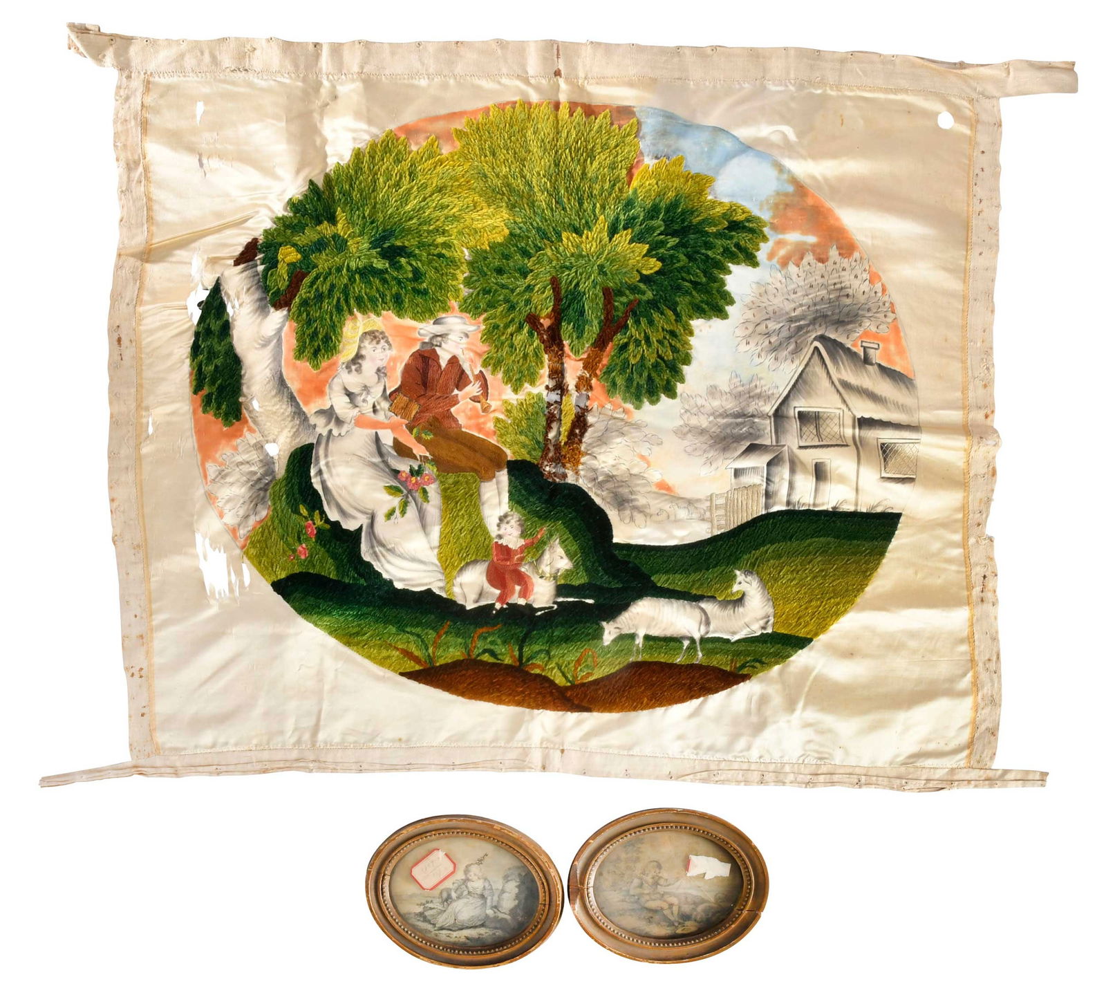 Three Pastoral Needleworks, Two Attributed to Miss Saltonstall: comprising: American, 19th century, needlework on painted silk featuring family and pastoral scene; English, 18th century, pair of framed oval needleworks, one inscribed "No 13/Miss Saltonstall/May