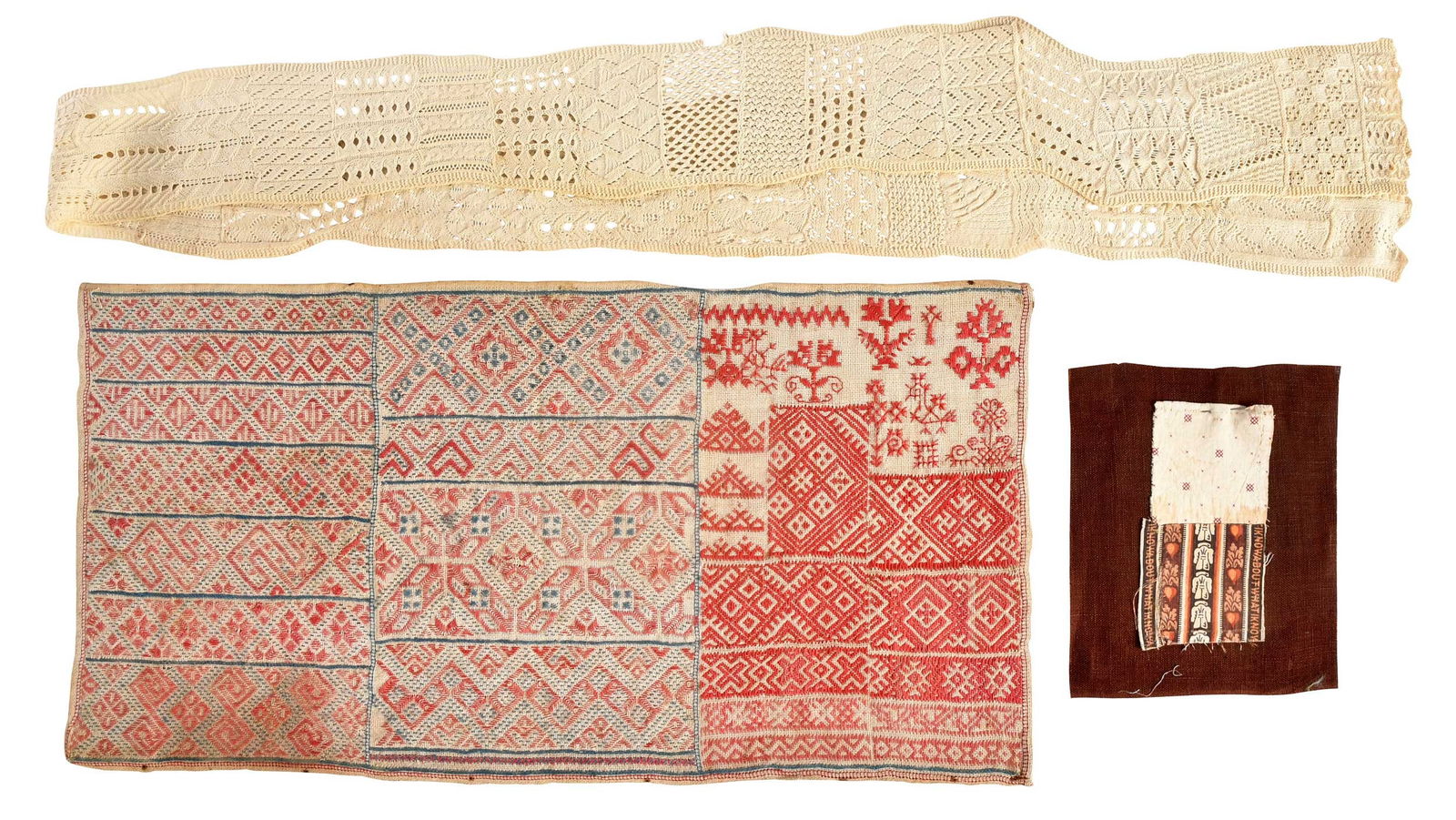 Three American Needlework Sampler Fragments: comprising; patchwork fragment, possibly Burlington, New Jersey, circa 1870, 6 x 6-7/8 in.; knitting sampler, circa 1840, 58-1/2 x 3 in.; three panel band and spot sampler, circa 1860, cotton thread