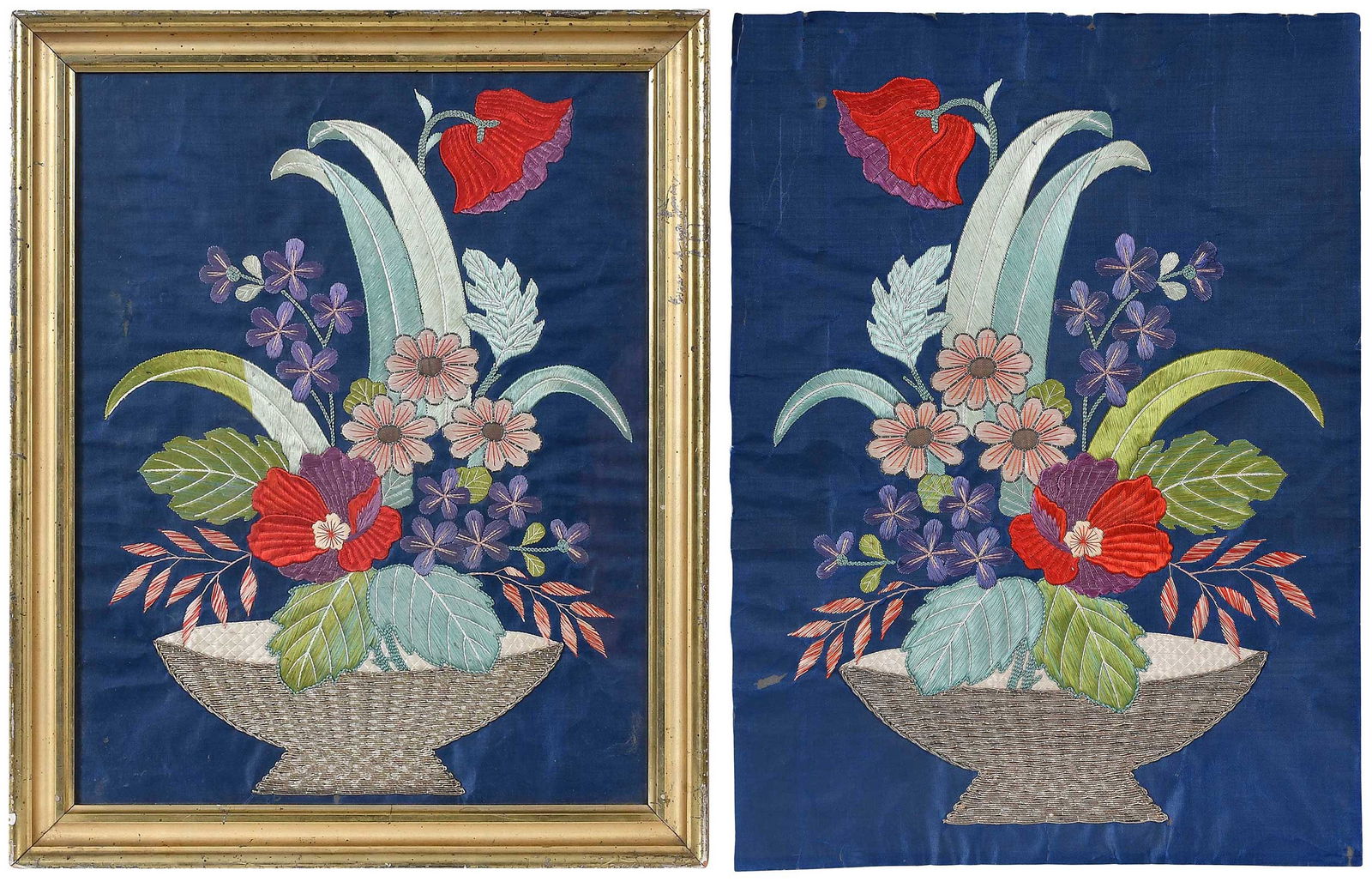 Pair of Sailor Needleworks, Basket of Flowers: American, 19th century, silk and gilt metal, each approx. 19-1/4 x 14 in.; in gilt wood frames, each approx. 20-1/8 x 16-1/4 x 1 in.Provenance: 1950, bequeathed by Marion Louise Peters of Brooklyn,