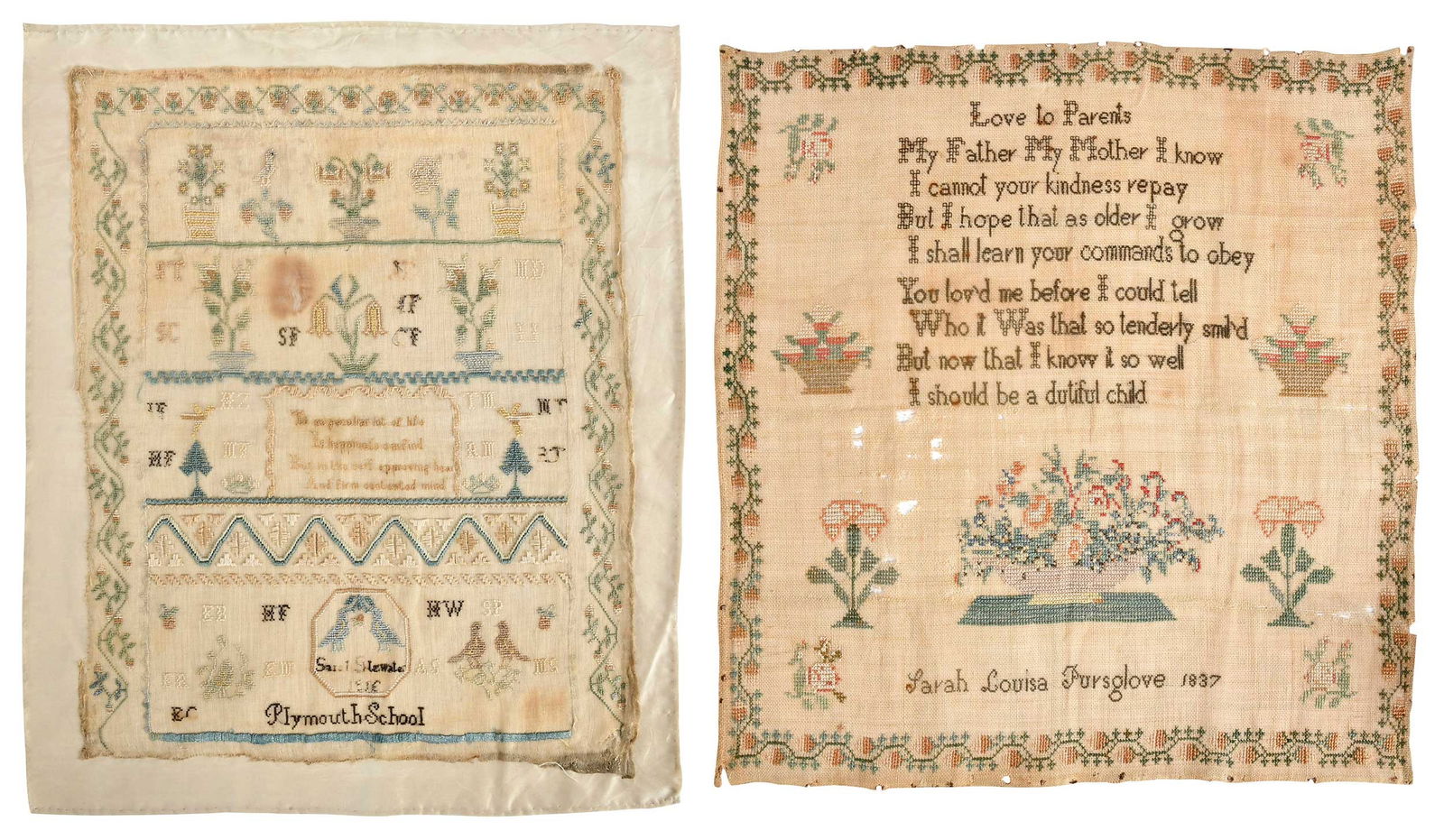 Two American 19th Century Needlework Samplers: sampler signed and dated "Sarah Louisa Pursglove/1837", 18 x 17 in.; sampler signed and dated "Sarah Stewater/1816/Plymouth School", attached to silk backing, 19-1/2 x 16 in. Provenance: 1932, gift of