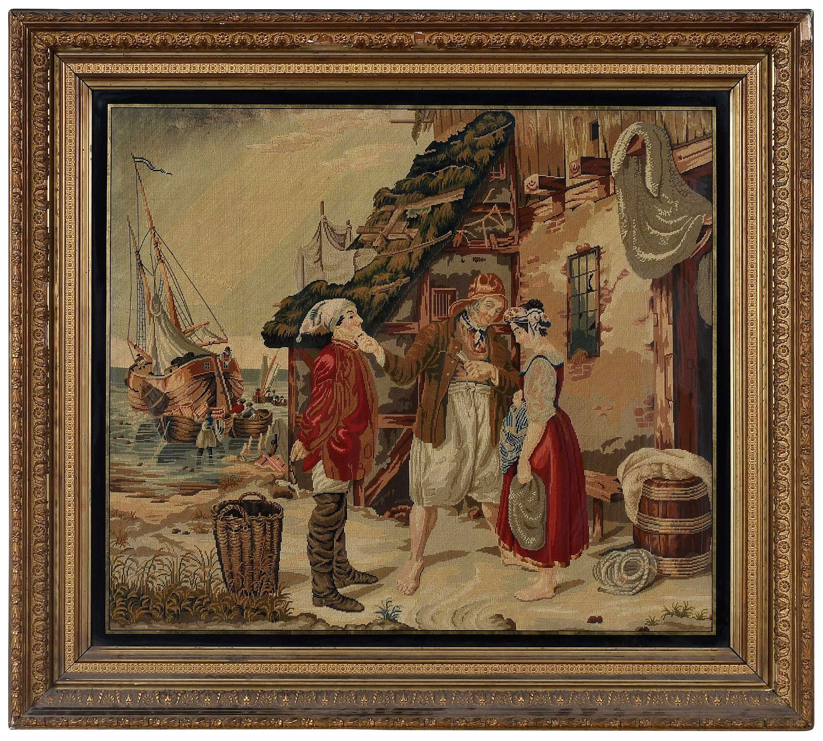 Large Framed American Needlework Picture: circa 1840, depicting a sailor departing home, sight 27-1/4 x 31-1/2 in.; carved and gilt wood frame, 37-3/4 x 42 x 3 in. Provenance: Inherited from the artist through the family by Olive L. Miller of