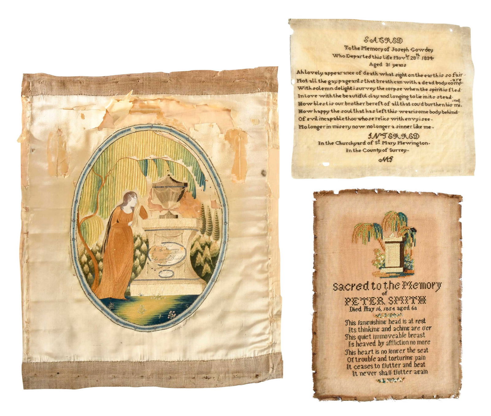 Three 19th Century Mourning Samplers: American and English, comprising: sampler inscribed "Sacred to the Memory of Peter Smith, died May 16, 1884 aged 69..."; sampler inscribed "Sacred to the Memory of Joseph Gowdey/Who departed this life