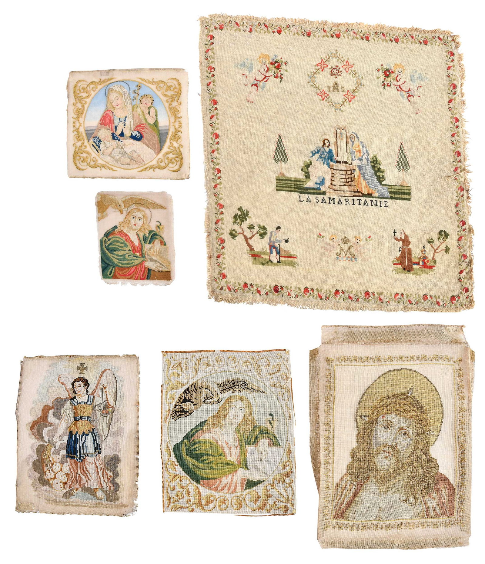 Six 19th Century Needlework Religious Images: American/Continental, 19th century, comprising: possibly French, embroidered picture depicting Christ and the woman of Samaria; Italian, canvaswork panel of St. Gabriel the Archangel; American, canvas