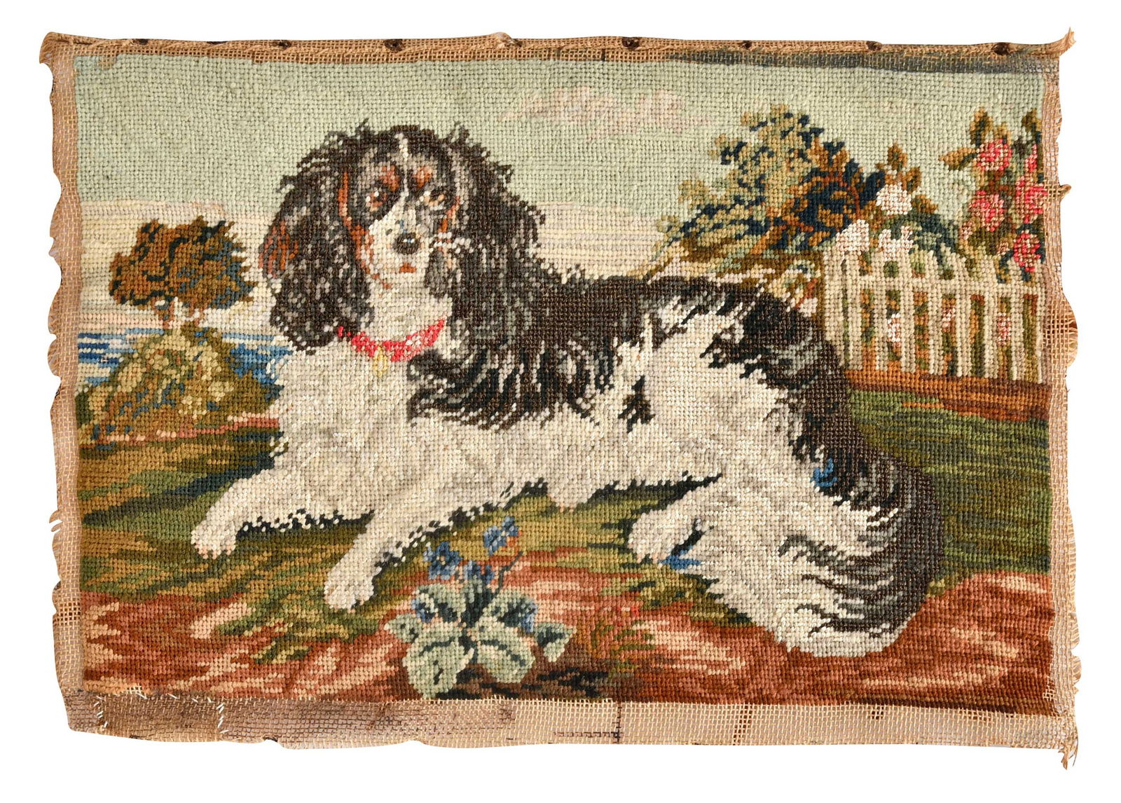 Victorian Needlework Picture, King Charles Spaniel: American, late 19th century, wool and linen on cotton, 6 x 8-1/2 in. Provenance: Bequest of Margaret S. Bedell; Property from the Brooklyn Museum