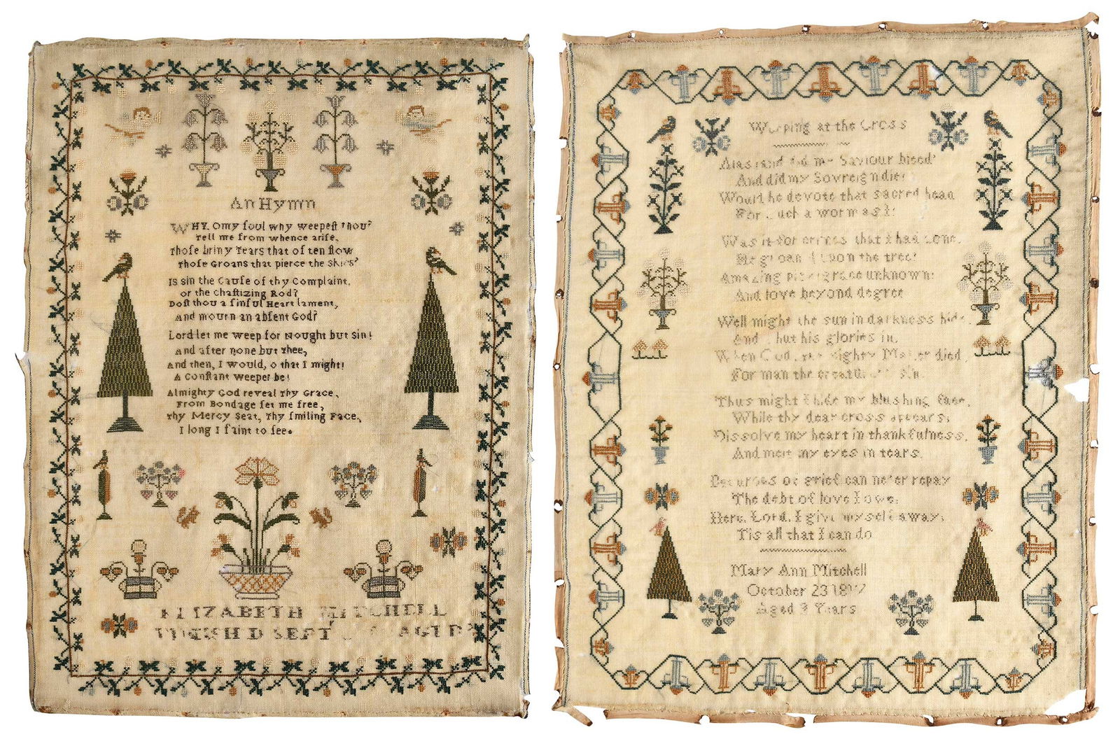 Two American Hymnal Needlework Samplers, Mitchell Family: early 19th century, comprising; sampler signed "Elizabeth Mitchell/finish'd Sept... aged..."; sampler signed "Mary Ann Mitchell/October 23rd 18..."aged ... years"; each approx. 17-3/4 x 13-3/4 in. Pro