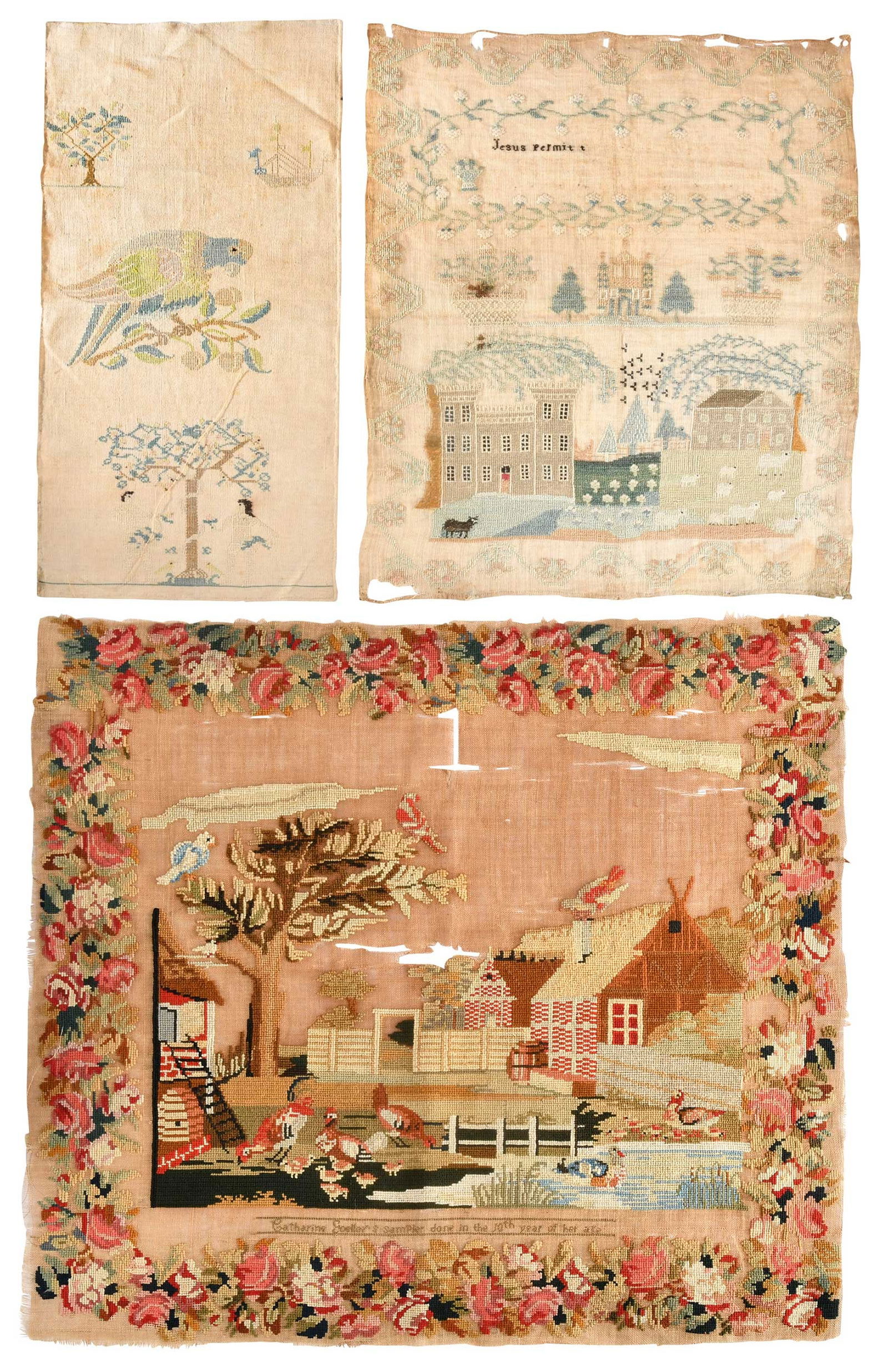 Three American Needlework Samplers: comprising: barnyard scene inscribed "Catherine Goeller's sampler done in the 10th year of her age", approx. 22-1/4 x 25-3/4 in.; "Jesus permit..." sampler with landscape, 20-3/8 x 17-7/8 in.; spot