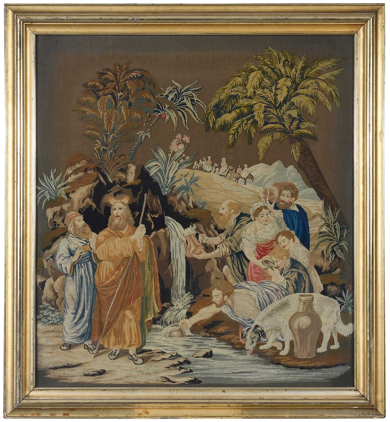 Framed American Canvaswork of Moses Striking a Rock: mid 19th century, wool on cotton or linen, sight 38-7/8 x 35-1/4 in.; giltwood frame 45-7/8 x 42-1/4 x 2 in.Provenance: Gift of the Estate of Elsie Patchen Halstead; Property from the Brooklyn Museum