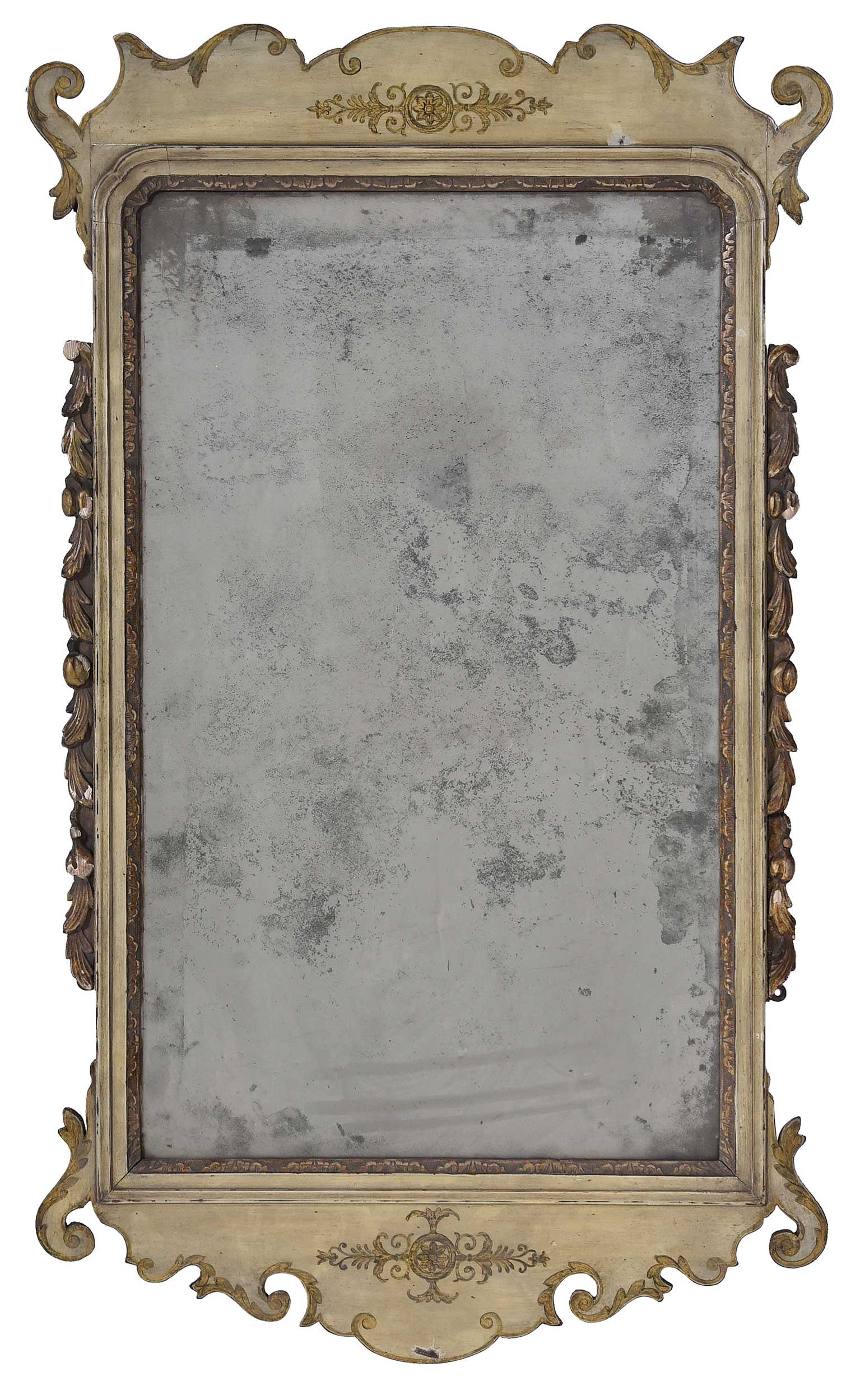 Rare American Chippendale Carved and Painted Mirror, Amory Haskell Provenance: probably American, late 18th century, original mirror plate, scrolled frame with carved and gilt streamers, in early paint and stenciled decoration probably dating to circa 1815, back with old label
