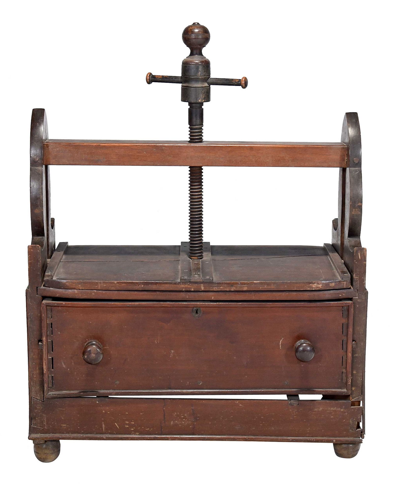 American Baroque Style Paint Decorated Walnut One Drawer Linen Screw Press: circa 1900, walnut with white pine and ash, gum and oak secondary woods, grain painted sides, drawer with dovetailed face and molded edge, 49 x 40 x 21 in.Provenance: Purchased from John Ridgely,