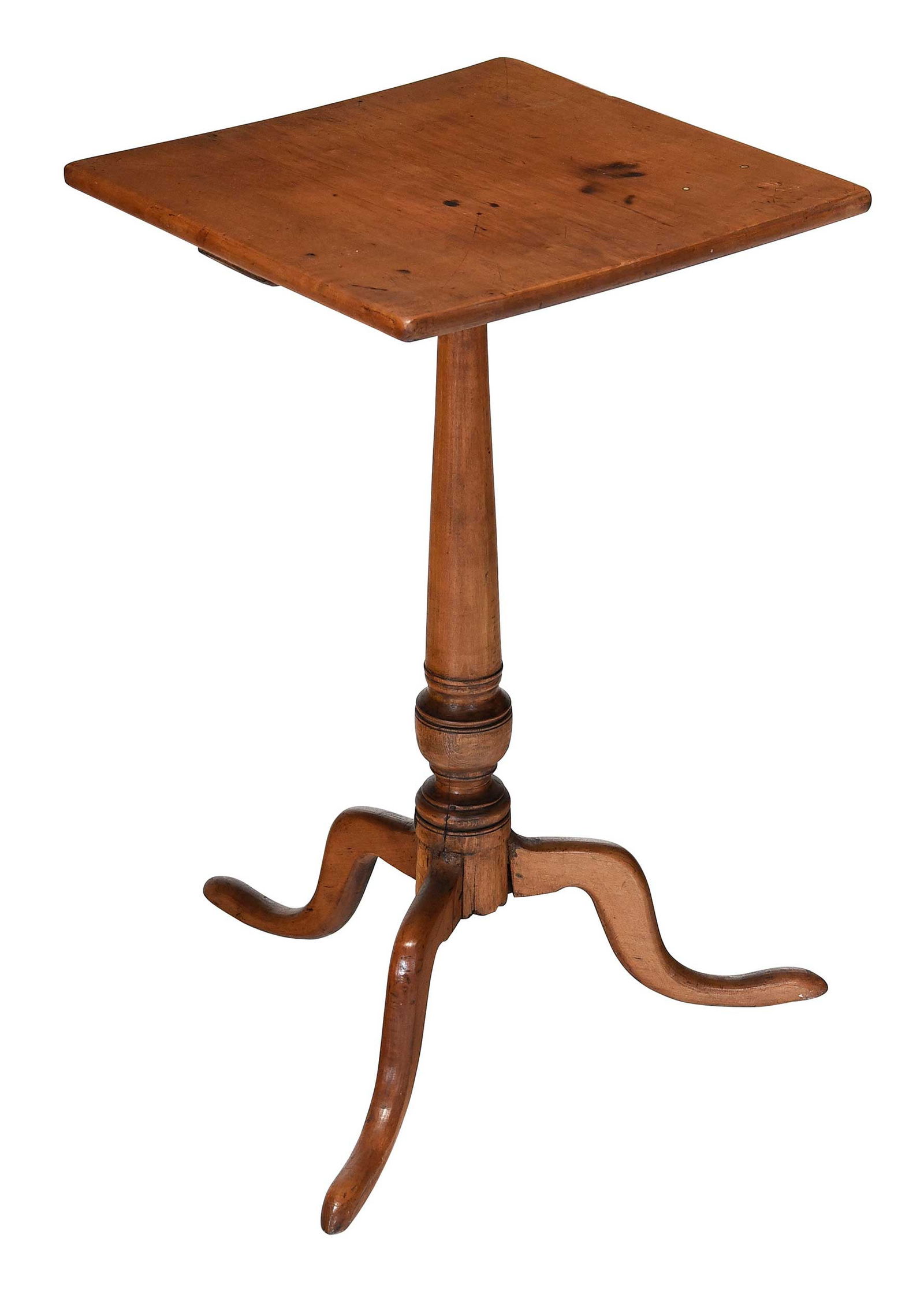 Federal Maple Candlestand: New England, late 18th or early 19th century, fixed top, snake feet, 26-1/4 x 15 x 15 in.Provenance: Bequeathed by Florence Barstock Selden (Mrs. Carl L. Selden), New York, NY., 1996; Property from