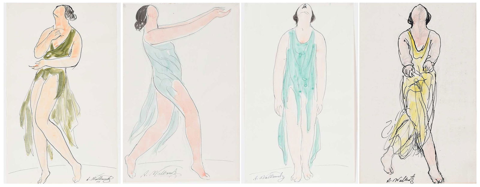 Abraham Walkowitz, Four Isadora Duncans: (Russian/America, 1878-1965) Four Images of Isadora Duncan, all signed "A. Walkowitz", one dated 1915, all watercolor, ink and pencil on paper, the largest 13 x 8-1/2 in.; three matted to 19-1/4 x 14-