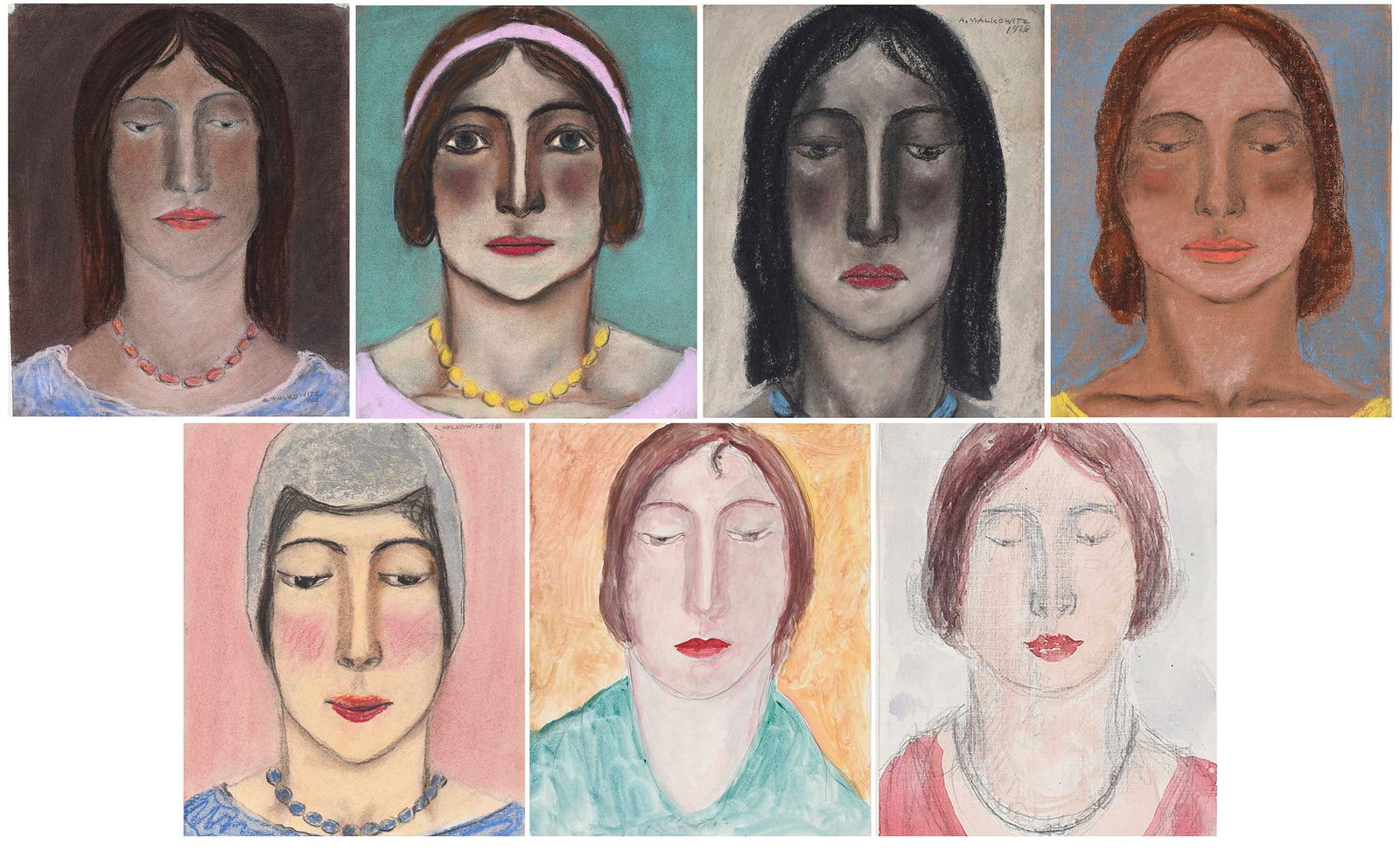 Abraham Walkowitz, Seven Woman's Heads: (Russian/America, 1878-1965) all signed, four dated 1928, (5) pastel on paper; (2) watercolor on paper, the smallest 4-1/2 x 2-3/4 in.; the largest 14 x 11 in.; all matted, unframed Provenance: Gift o