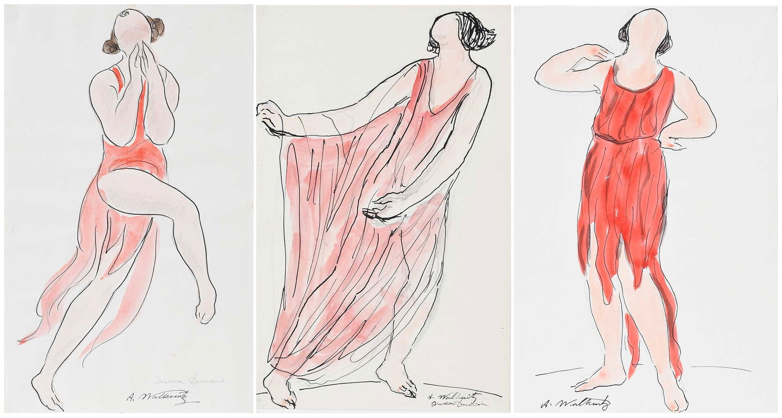 Abraham Walkowitz, Three Isadora Duncans: (Russian/America,1878-1965) Isadora In Red, all signed, "A. Walkowitz", two also inscribed "Isadora Duncan", all watercolor, ink and pencil on paper, the largest 14 x 8-1/2 in.; all matted to 19-1/4 x
