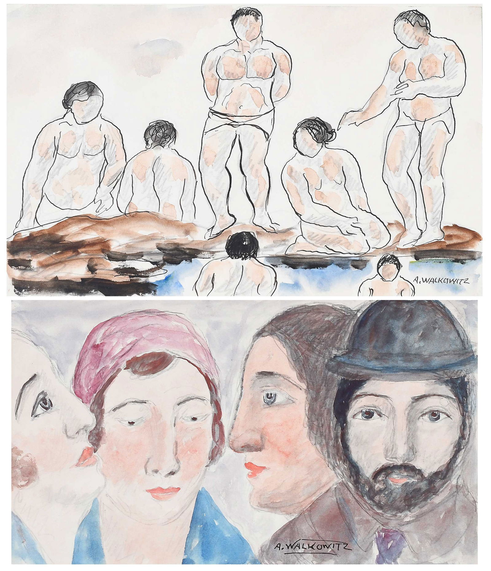 Two Works by Abraham Walkowitz: (Russian/America, 1878-1965) Four Heads, 1904, signed lower right "A. Walkowitz 1904", watercolor, pencil on paper, 6 x 10-1/4 in.; matted, 14-1/4 x 19-1/4 in; together with Bathers, signed lower righ