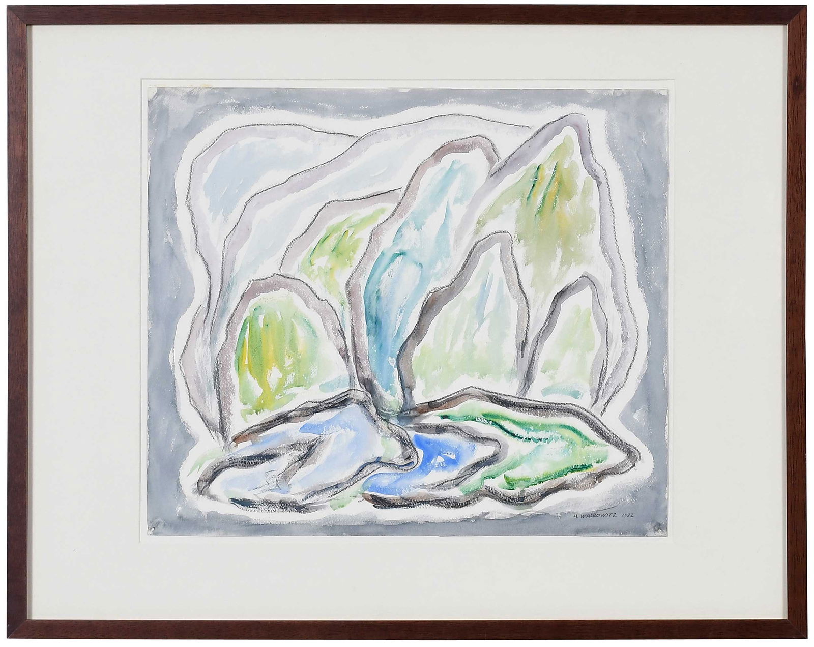 Abraham Walkowitz: (Russian/America, 1878-1965) Abstraction #4, 1932, signed and dated lower right "A. Walkowitz 1932, watercolor, charcoal, pencil on paper, 16-1/4 x 19 in.; wood frame, 23 x 29-1/4 in. Provenance: Gift