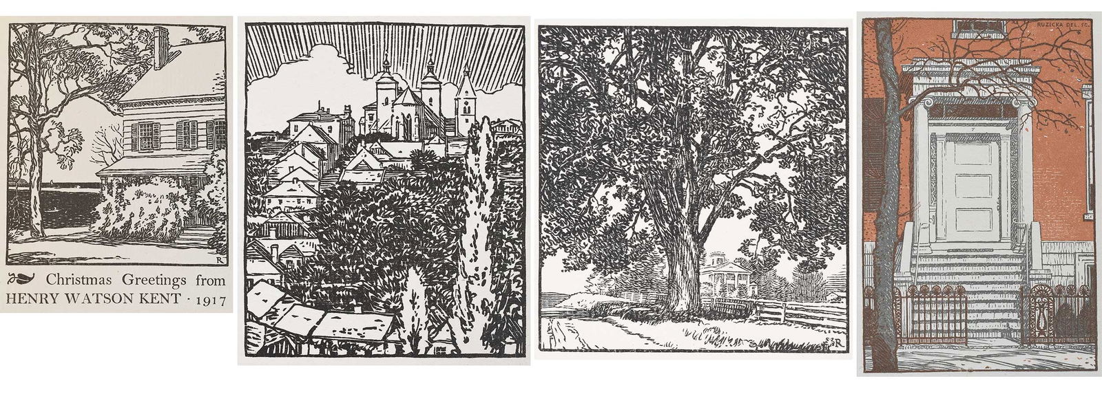 Rudolph Ruzicka, Four Wood Block Prints, Greeting Cards: (American/Bohemia, 1883-1978)Christmas Greetings from Henry Watson Kent 1917, 1917, signed in block "R", image 2-3/4 x 2-1/2 in.; Town, 1915, image 3-5/8 x 3. sheet 7-1/2 x 5-1/4 in.; The LaFayette