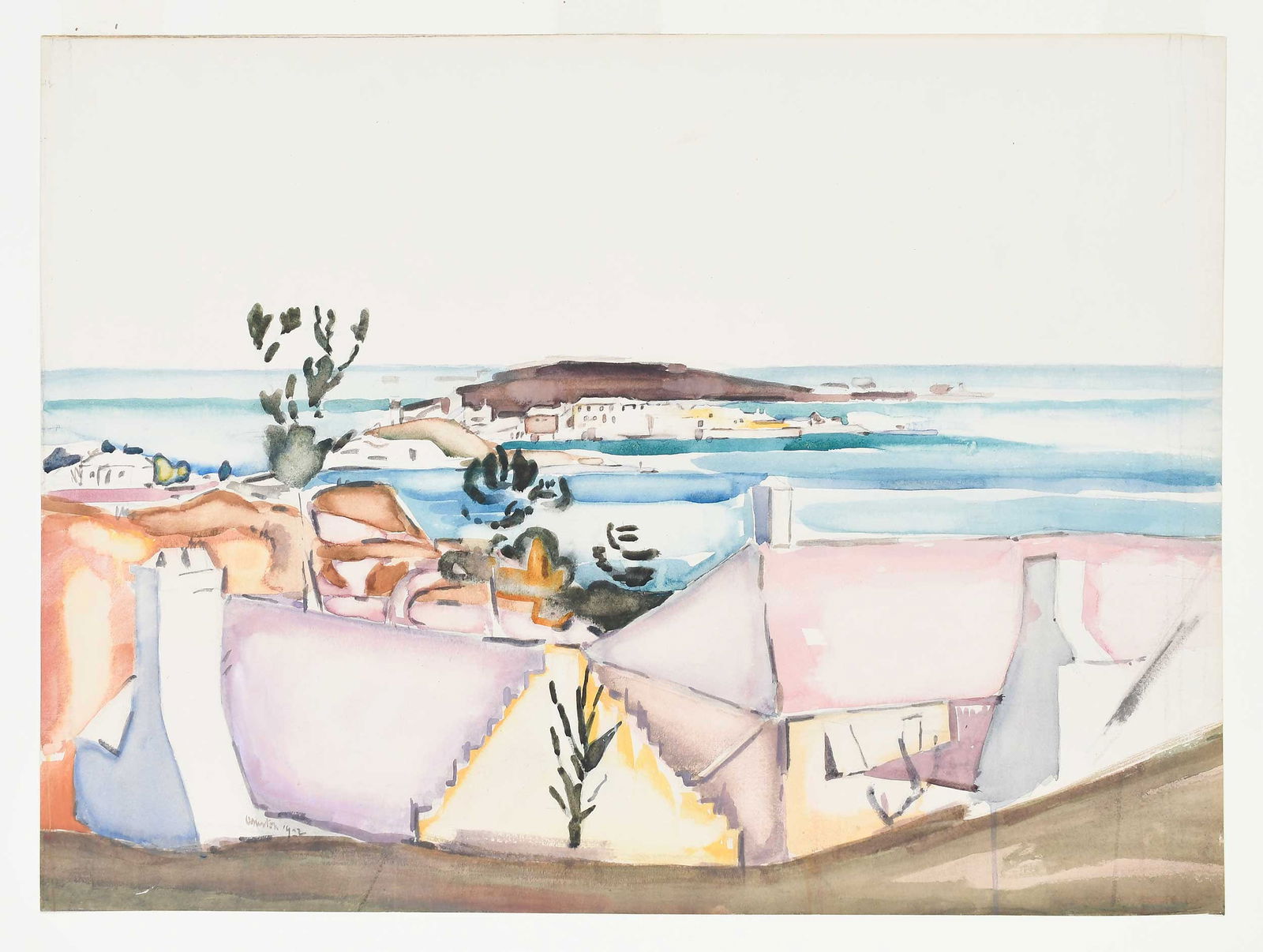 Owen Merton: (New Zealand/America, 1887-1931) Bermuda Scene, 1922, signed "O Merton 1922" lower left, watercolor over pencil and charcoal, on Museum Collection Fund Paper mounted on paperboard, 20-7/8 x 28-3/4 in.