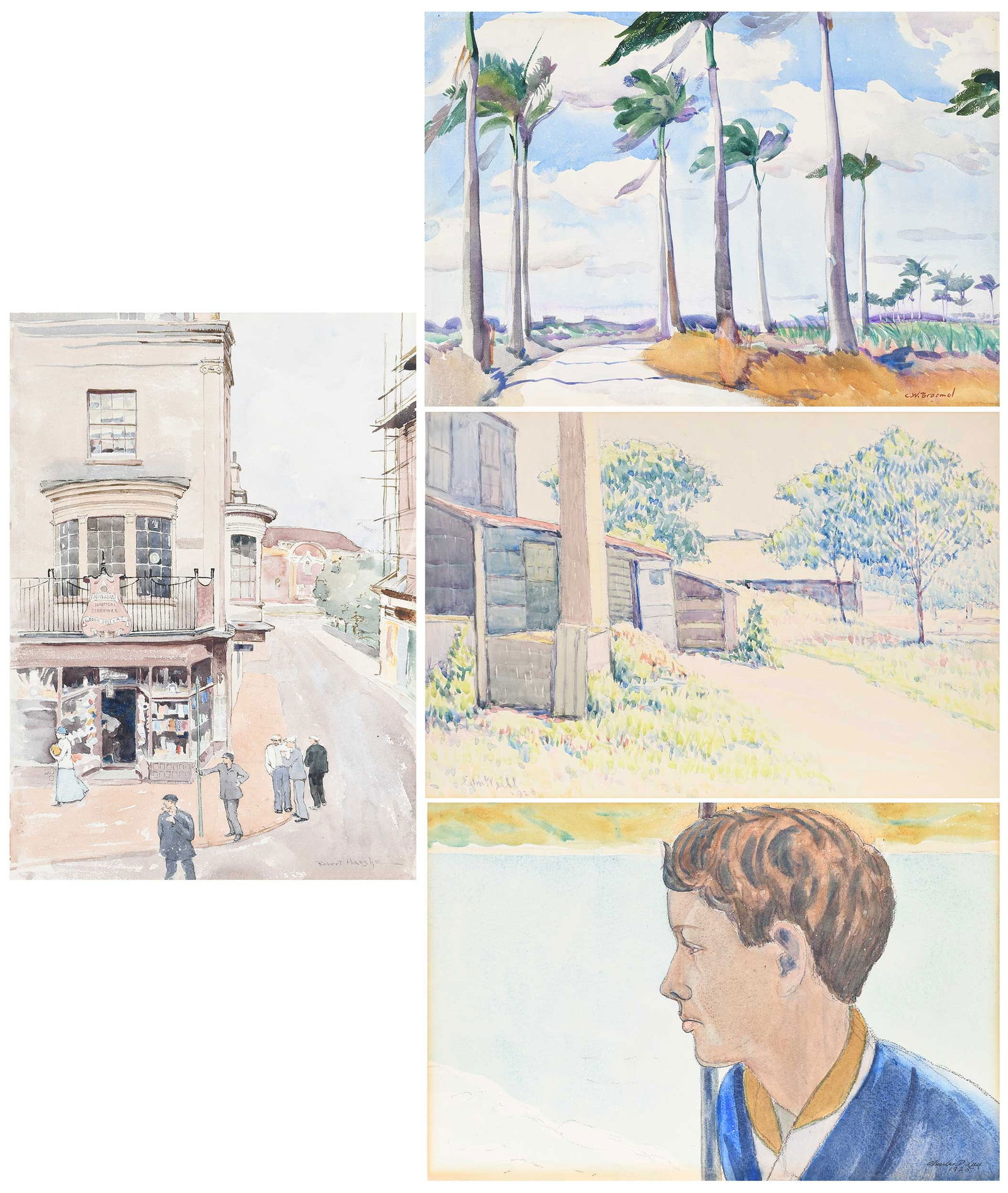 Four Watercolors Featuring New England and Barbados: (American, 19th-20th century) Charles Downing Lay (1877-1956), On the Connecticut, 1925, signed "Charles D Lay 1925" lower right, watercolor on paper, 10 x 14-7/8 in.; unframed; Edmond Weill (1877-194