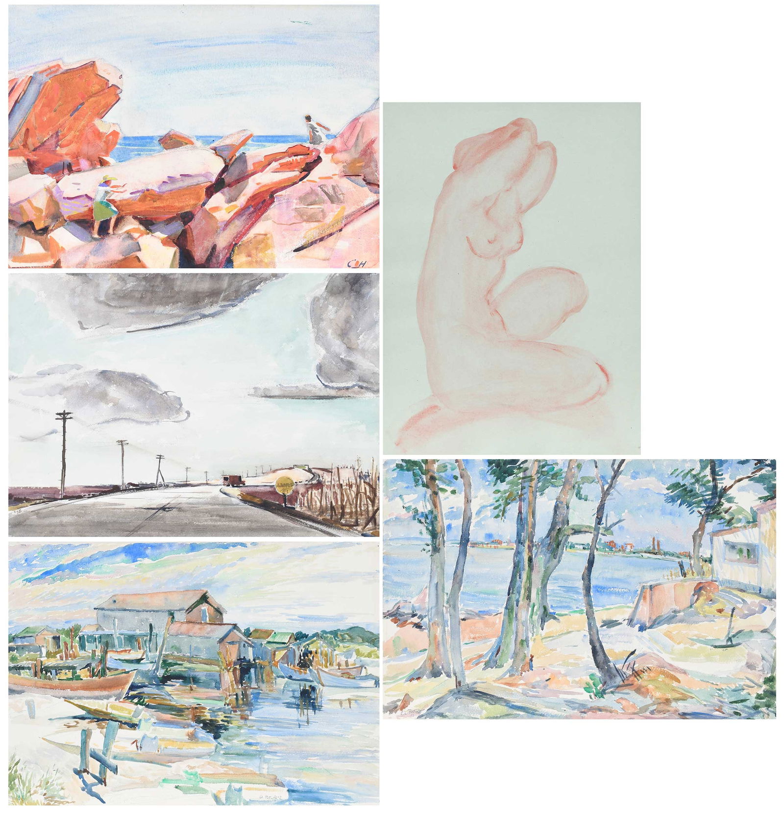 Five American Watercolors of Landscapes and a Figure Study: (American, 19th-20th century) Alexander Portnoff (1887-1949), Barnegat Fisheries, circa 1927, signed "A. Portnoff" lower right, watercolor on paper mounted on card, sheet, 14-1/8 x 21-1/4 in.; unframe