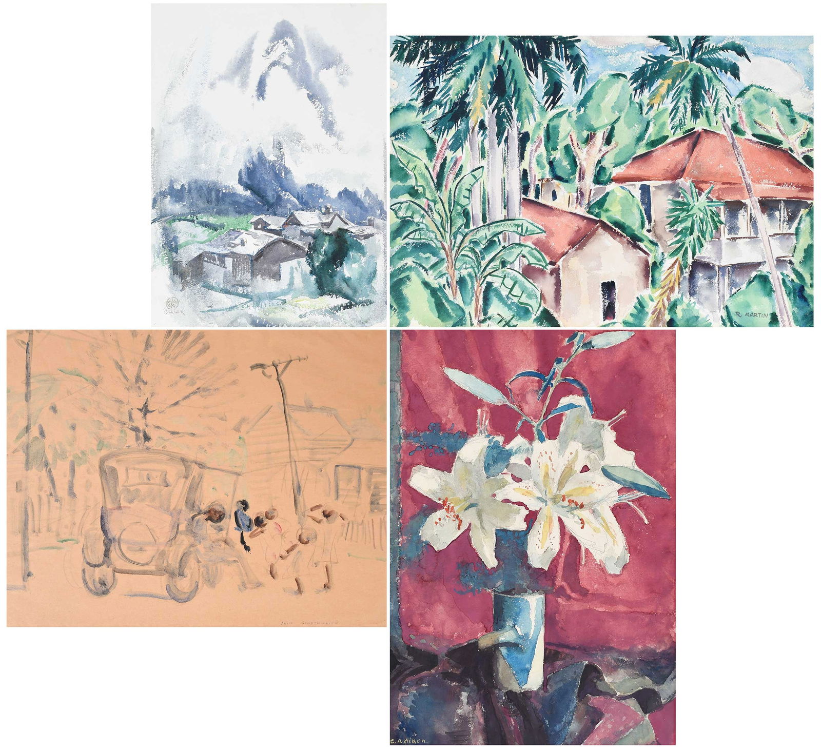 Four American Watercolors Including Anne Goldthwaite: (American, 19th-20th century) Anne Goldthwaite (1869-1944), Flat Tire, circa 1928, signed "Anne Goldthwaite" lower right, watercolor on paper, 15 x 20 in.; unframed and unmatted; Charles Avery Aiken (