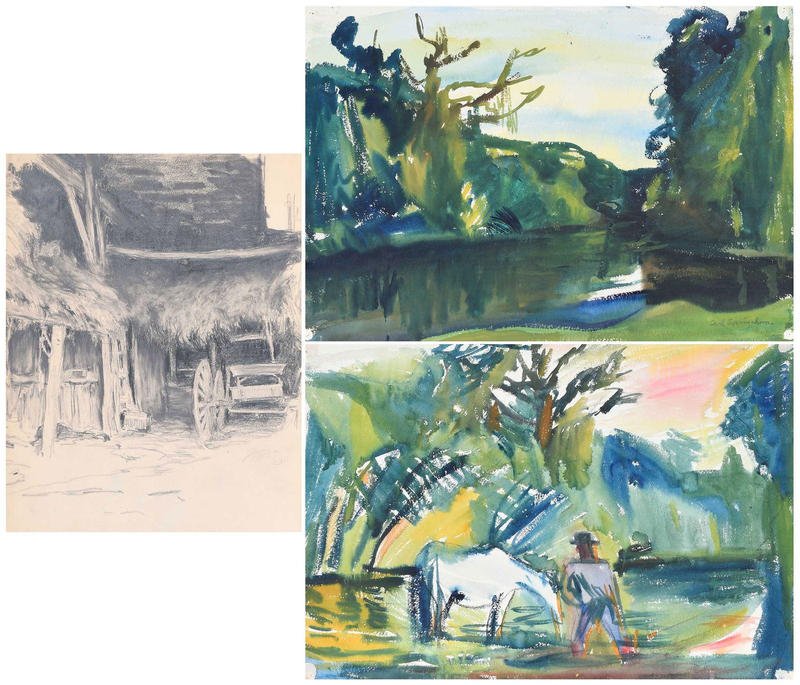Carl Sprinchorn and Frank Mura, Two Works on Paper: (American, 19th-20th century) Carl Sprinchorn (1887-1971) Jungle Stream, Santo Domingo, circa 1928, signed "Carl Sprinchorn" lower right, double-sided with landscape verso, watercolor on paper, 15-1/2