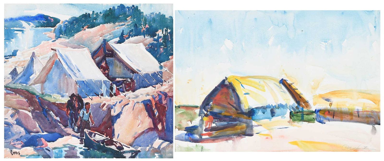 Charles Webster Hawthorne and George Pearse Ennis: (American, 19th/20th century) Charles W. Hawthorne (1872-1930), Mexican Huts on a Ranch, circa 1928, signed in pencil lower right "Chas W Hawthorne", watercolor on paper, 14 x 20 in.; matted, 21 x 27