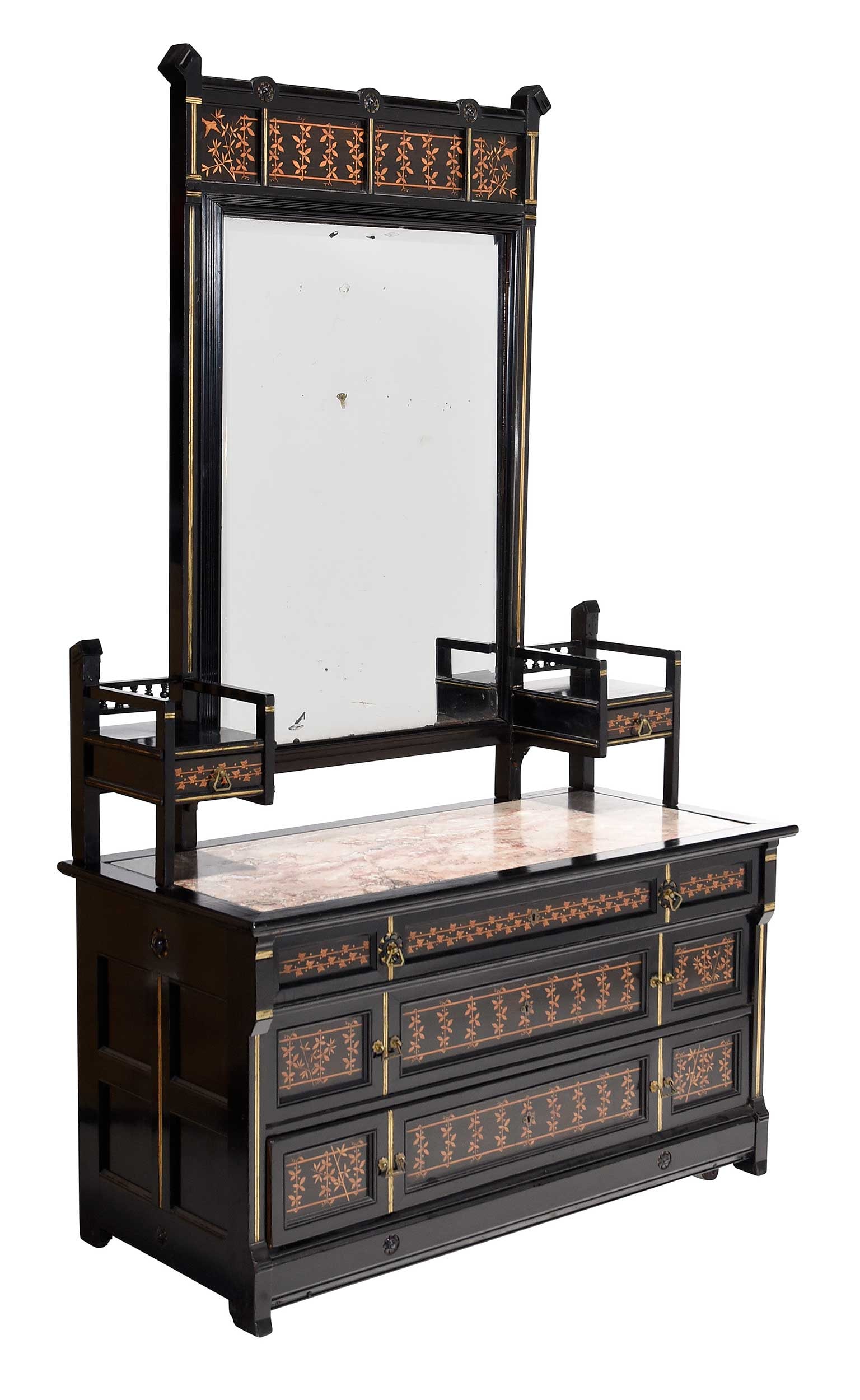 Aesthetic Movement Ebonized Mirrored Dresser, Possibly Herter: possibly by Herter Brothers, New York, late 19th Century, ebonized, parcel gilt and marquetry, detachable mirror, inset marble top, unmarked; dresser: 30-1/4 x 55-1/2 x 26 in; mirror: 61-1/2 x 54"