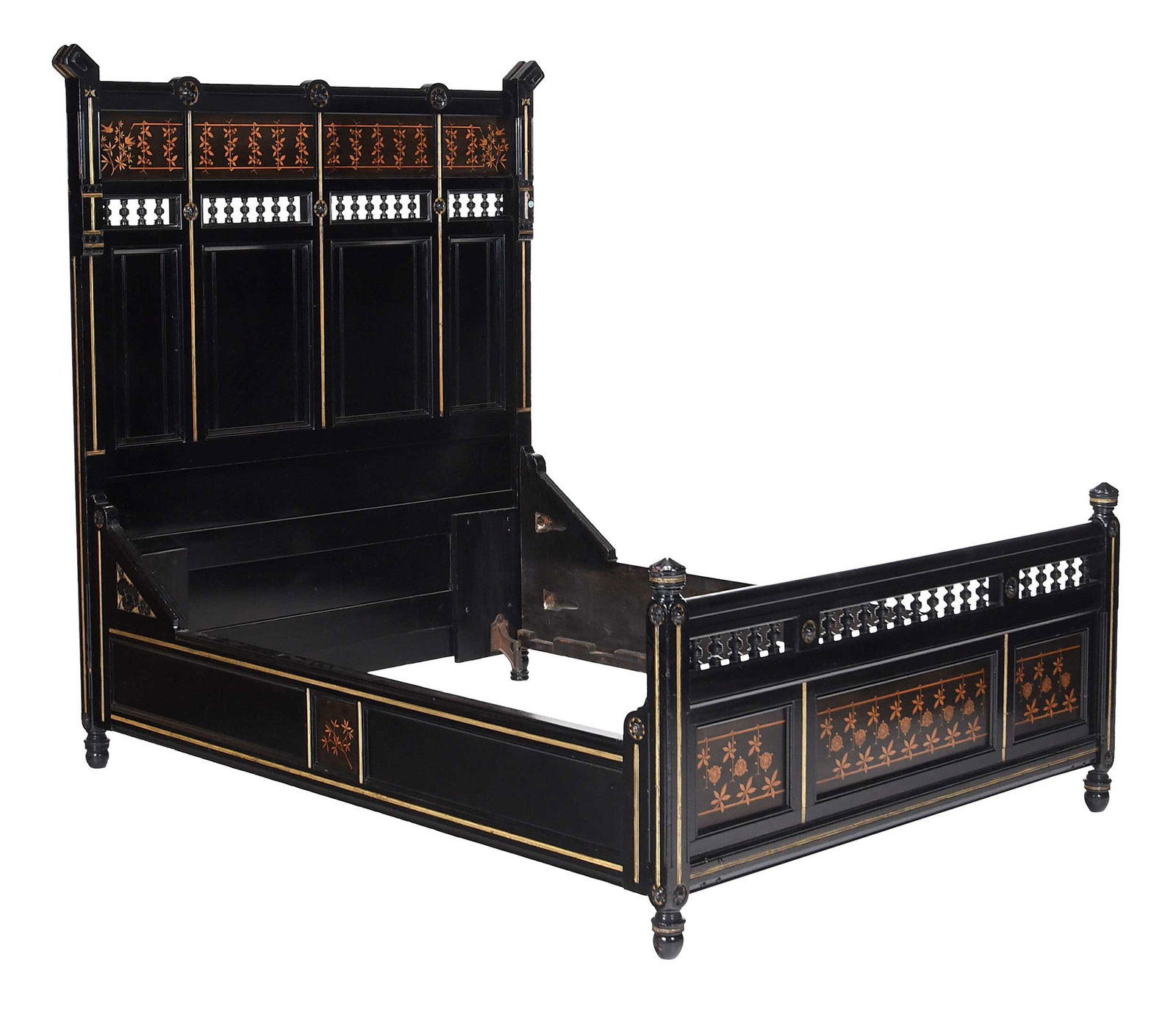 Aesthetic Movement Inlaid and Parcel Gilt Ebonized Bed, Possibly Herter (1 of 13)