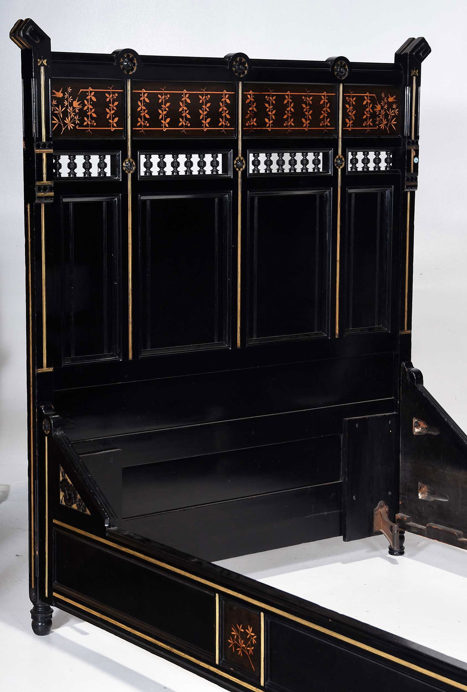 Aesthetic Movement Inlaid and Parcel Gilt Ebonized Bed, Possibly Herter - 2