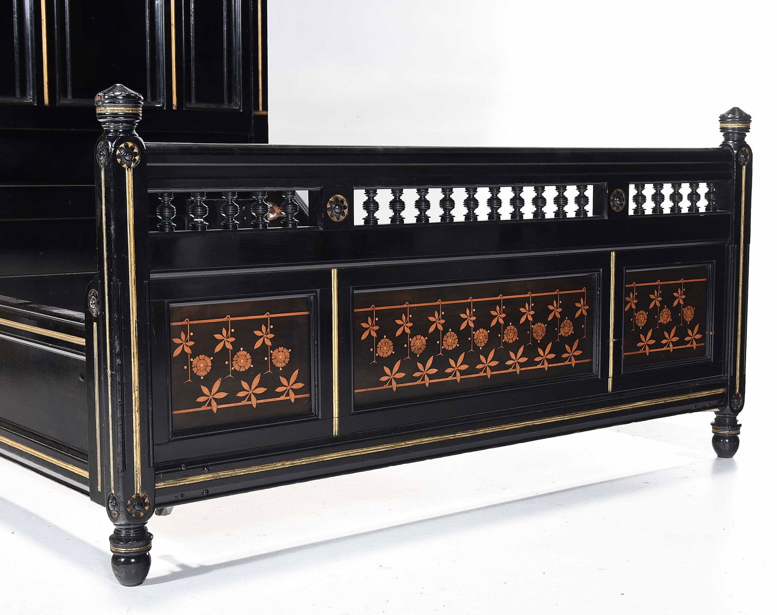 Aesthetic Movement Inlaid and Parcel Gilt Ebonized Bed, Possibly Herter - 4