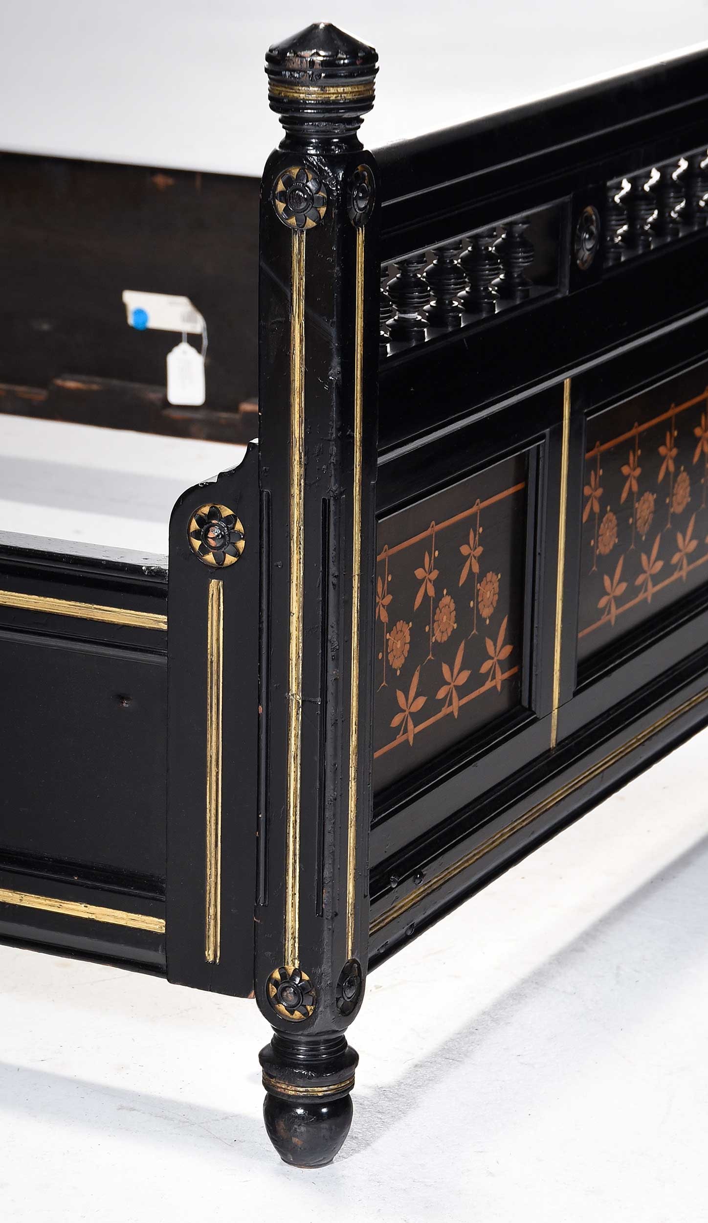 Aesthetic Movement Inlaid and Parcel Gilt Ebonized Bed, Possibly Herter - 7