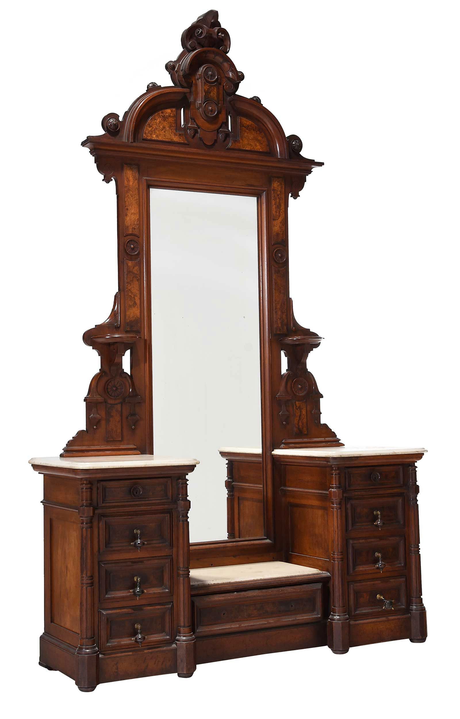 Thomas Brooks Renaissance Revival Carved and Burl Walnut Drop Well Dresser (1 of 19)