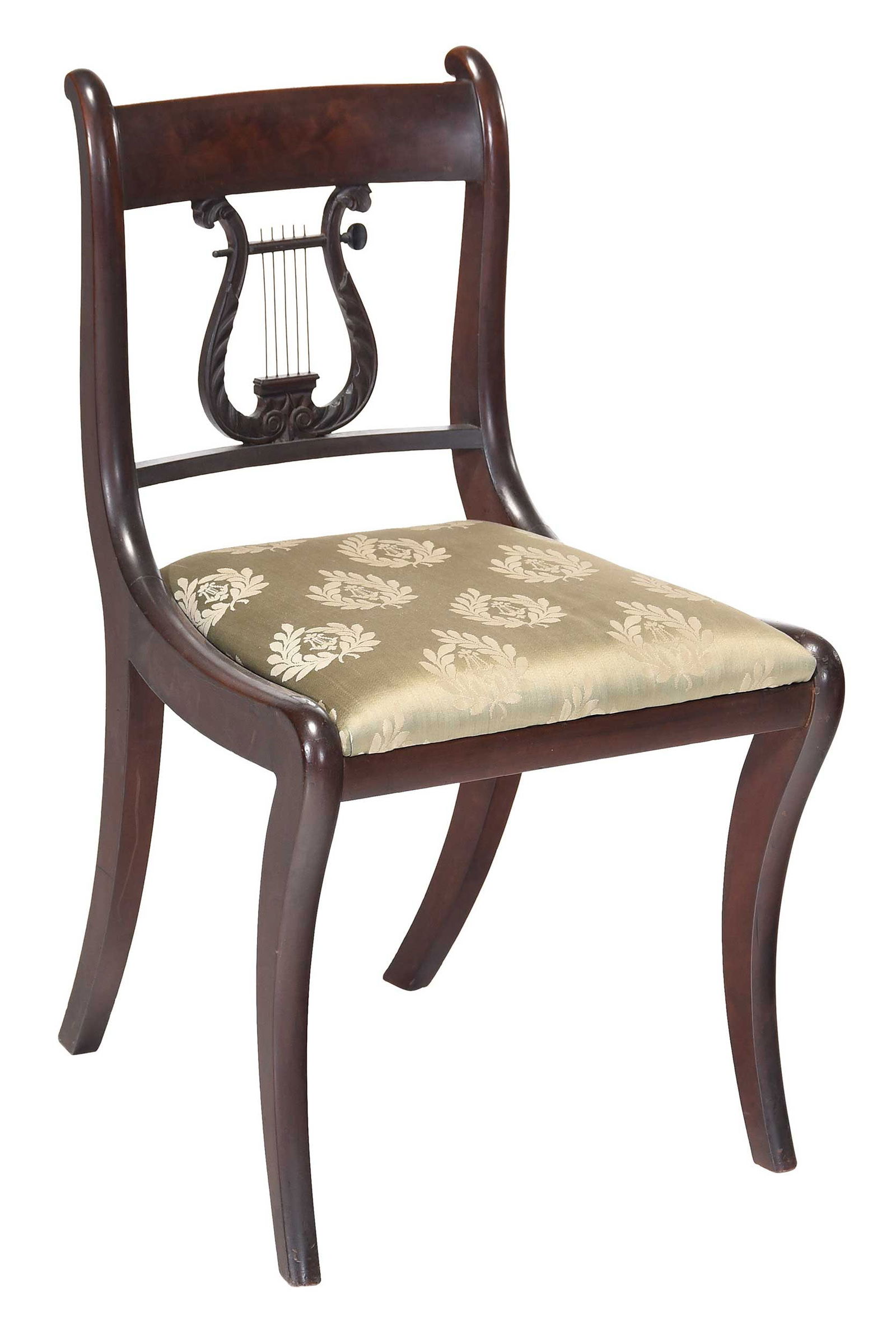 New York Classical Style Klismos Chair, Label for Ernest F. Hagen: New York, circa 1926, mahogany frame with figured crest, lyre splat with metal strings, later silk upholstered seat, interior rear seat rail with label "From / Ernest F. Hagen, / Furniture and Antique