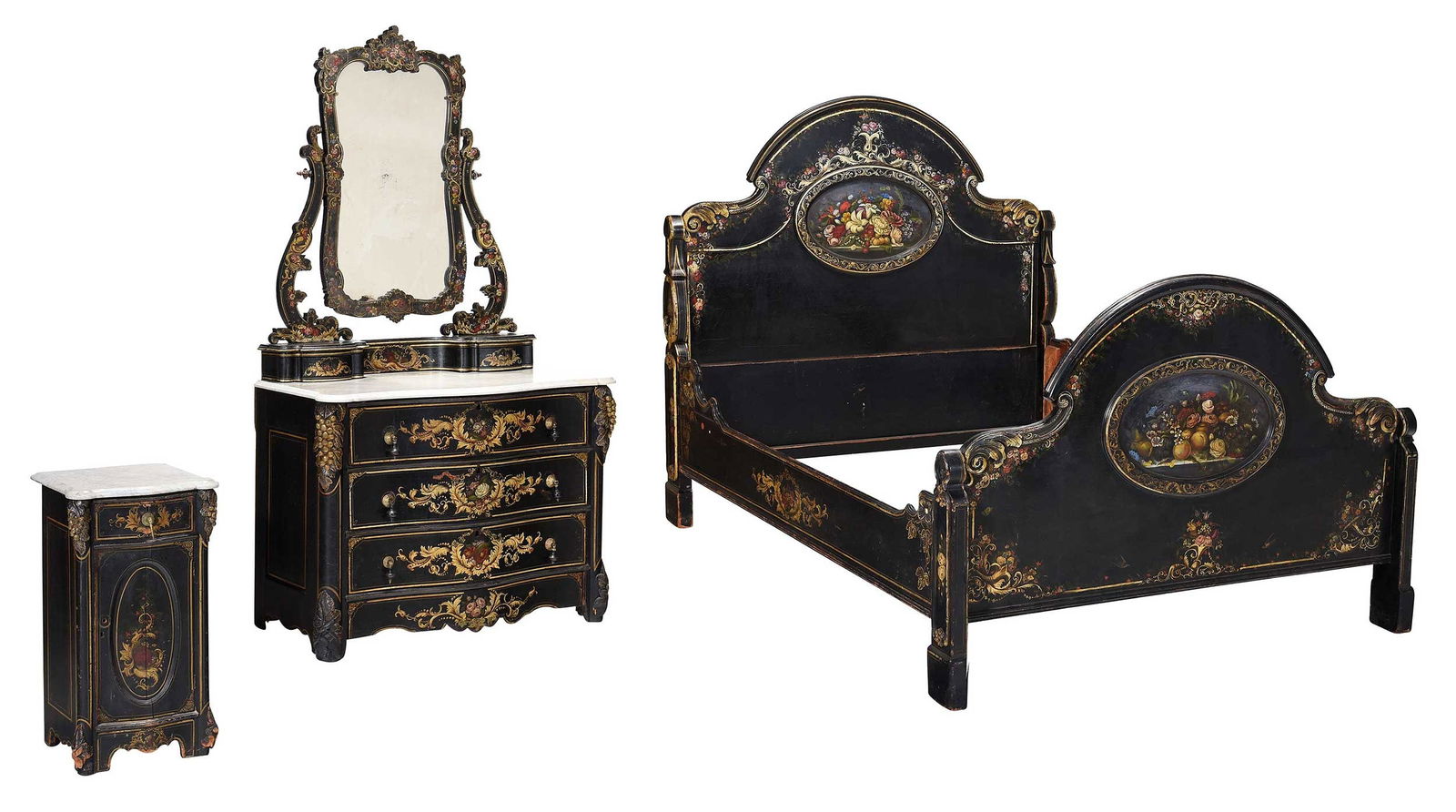 New England Rococo Revival Painted Cottage Furniture Suite: mid 19th century, comprising dresser with mirror, bed, and marble top nightstand, all black painted with floral and grape motifs, bed 59-1/2 x 59 x 78-1/4 in.Provenance: prior to 1981, provenance not