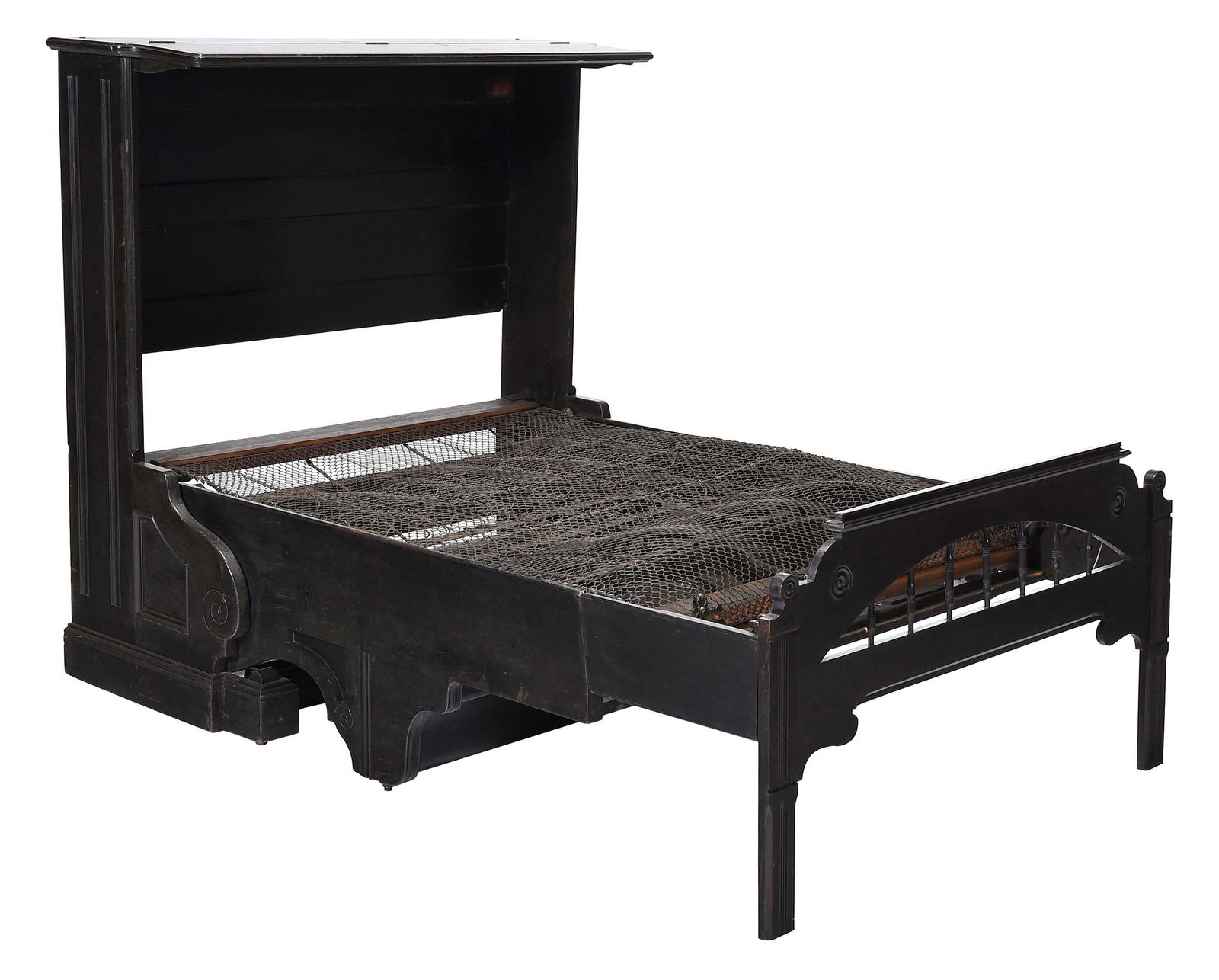 19th Century Smith & Co. Metamorphic Upright Piano Form Convertible Bed: Boston, Massachusetts, circa 1885, ebonized wood housing, metal mattress frame with coils, "5734A" stamped and "SMITH & c." stenciled to back, two fragmentary paper labels with directions for use to