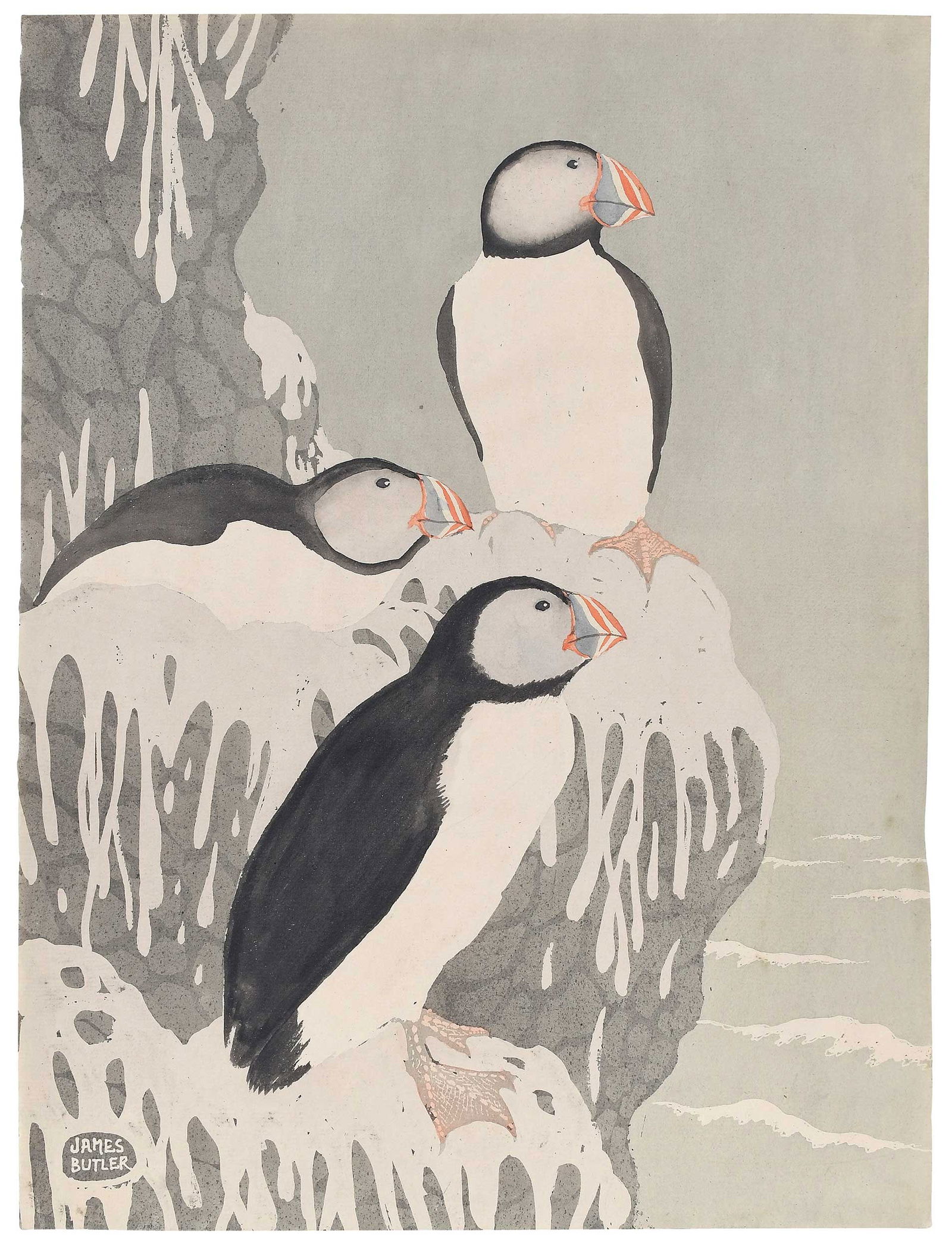 James Butler: (American, 1893-1976) Puffins, circa 1930, signed lower left "JAMES BULER", watercolor on paper, 16-1/2 x 12-1/4 in.; unframed Provenance: Carll H. de Silver Fund; Property from the Brooklyn Museum
