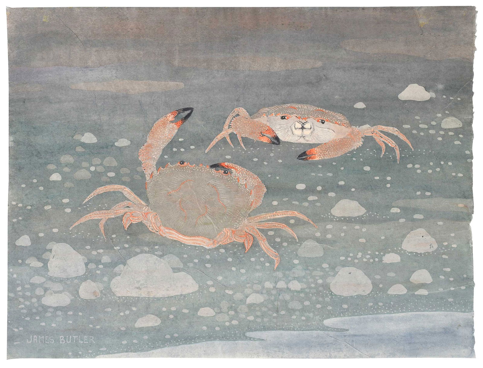 James Butler: (American, 1893-1976)Crabs, circa 1930, watercolor on Washi paper, signed lower left, "JAMES BUTLER", 11 1/4 x 15 1/4 in.; unframedProvenance: Carll H. de Silver Fund; Property from the Brooklyn