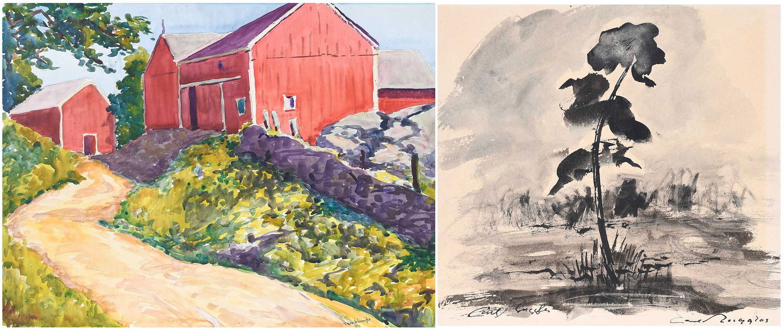 Three Early 20th Century Watercolors: (American, 19th-20th Century)Theophile Schneider (1872-1955), Old Red Barn, circa 1936, signed "Theo Schneider" lower right, watercolor on paper, 18-1/4 x 24-1/4 in.; unframed; Carl Ruggles