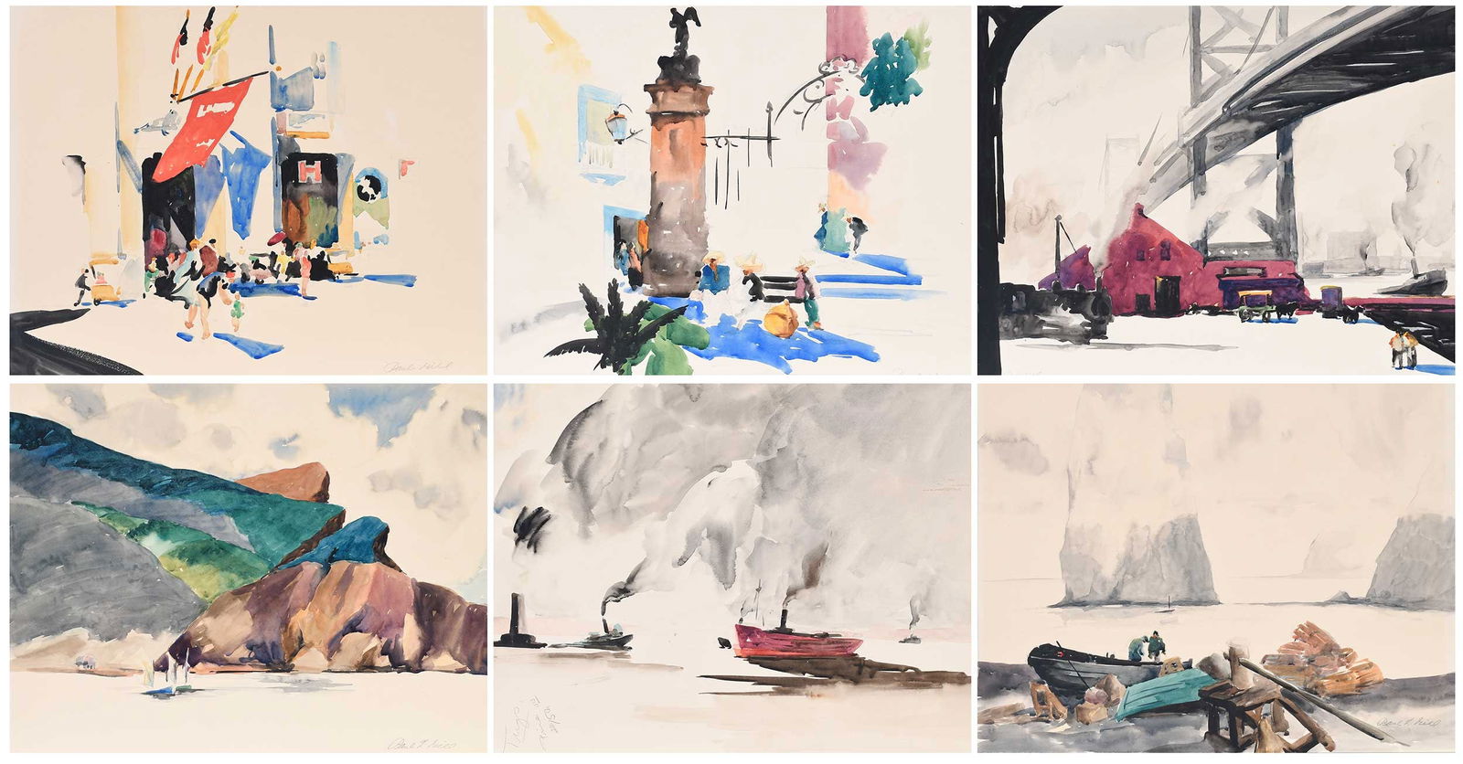 Six Watercolors with Geographic Interest: (American, 1894-1938)Three Sisters, Perce, Canada, circa 1937, signed "Paul L Gill" on lower right, title inscribed verso, watercolor on paper mounted on paper board, 15 x 20 in.; unframed; Tugs,