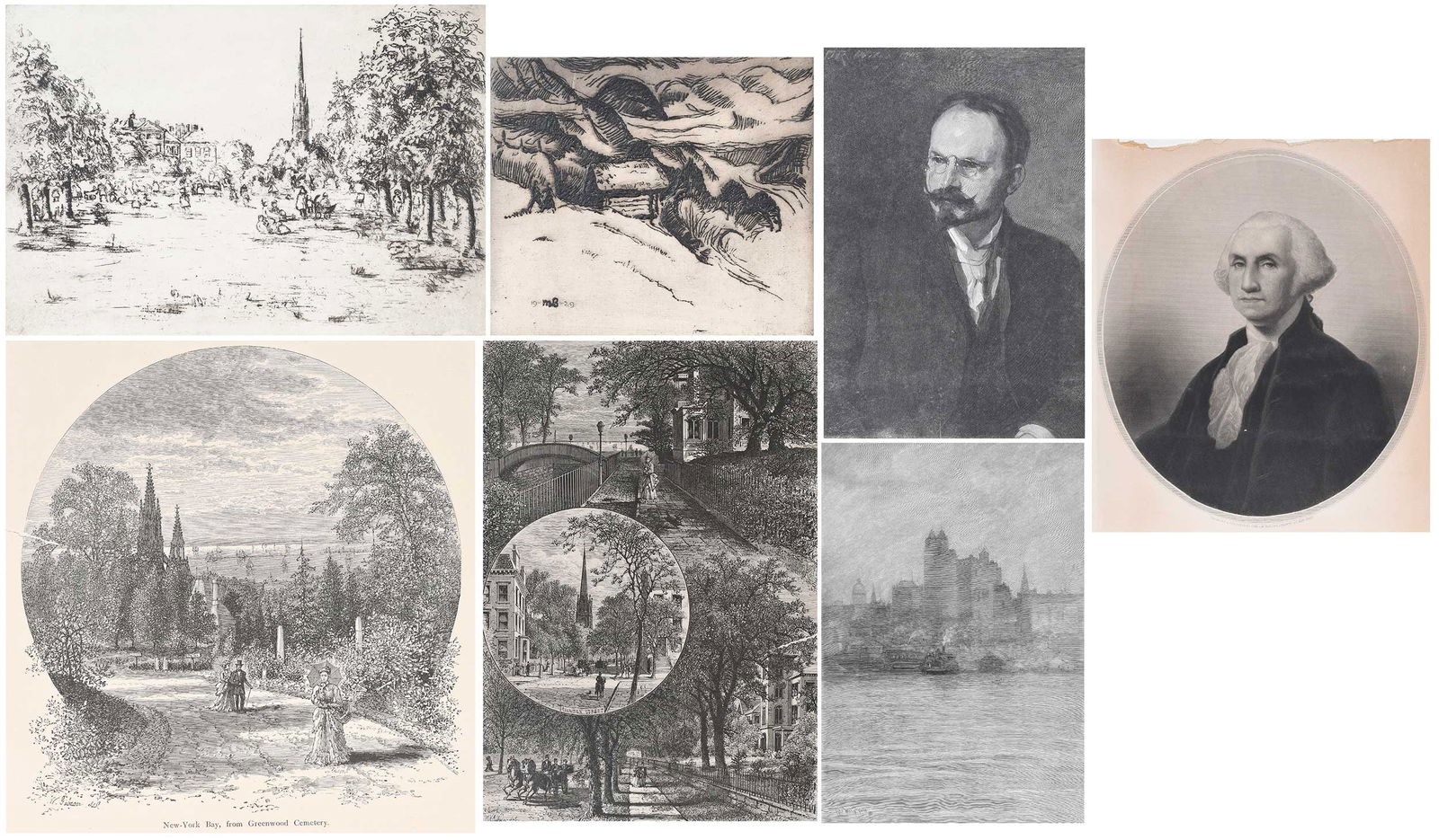 Collection of Seven Prints, George Washington, Three by Henry Wolf: (American 19th/20th century)Three wood engravings on Japan paper by Henry Wolf (American/French, 1852-1916), two after Irving Ramsey Wiles (American, 1861-1948) Portrait of Henry Wolf, 1905, signed